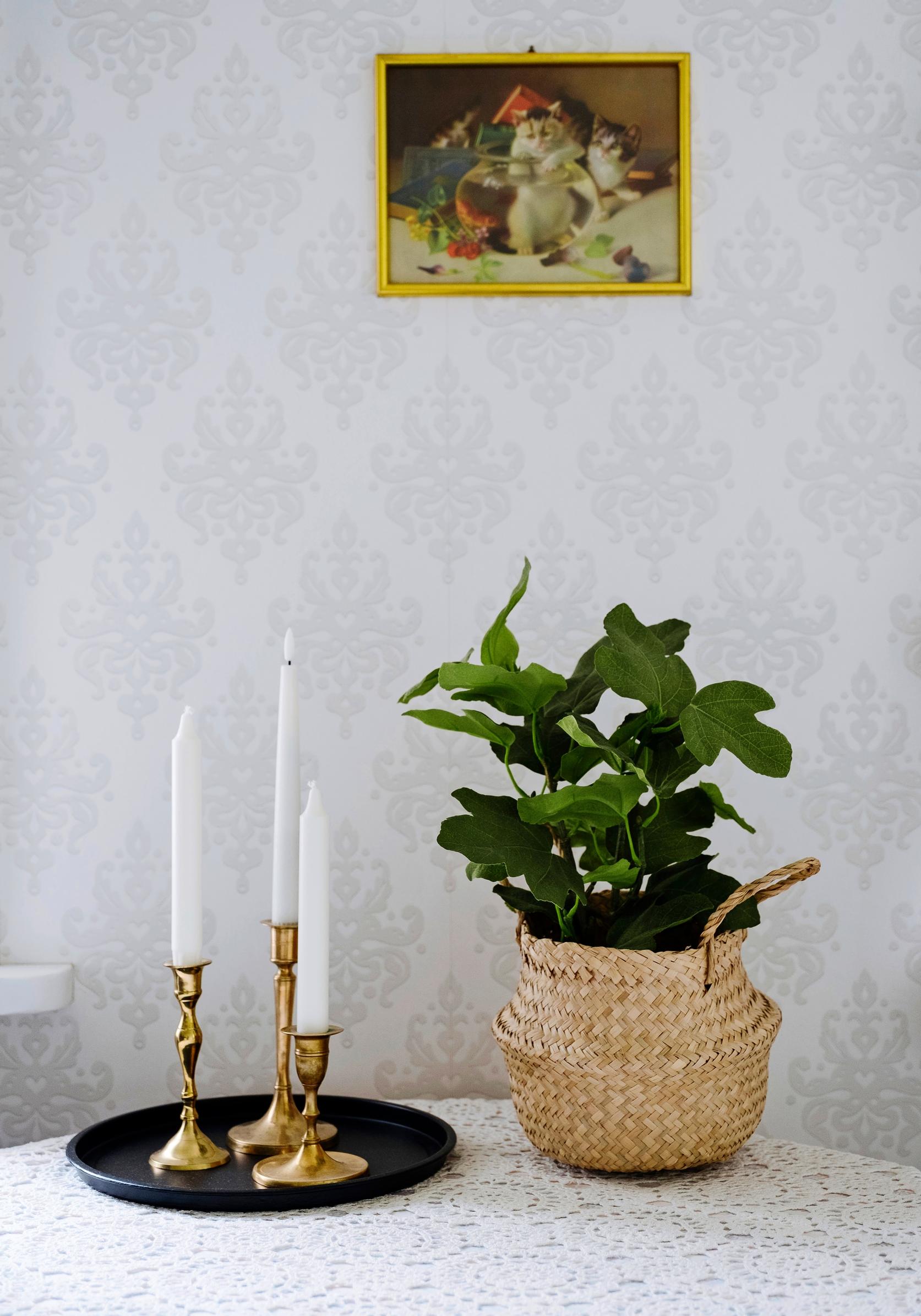 Brass candlesticks and a houseplant in a basket