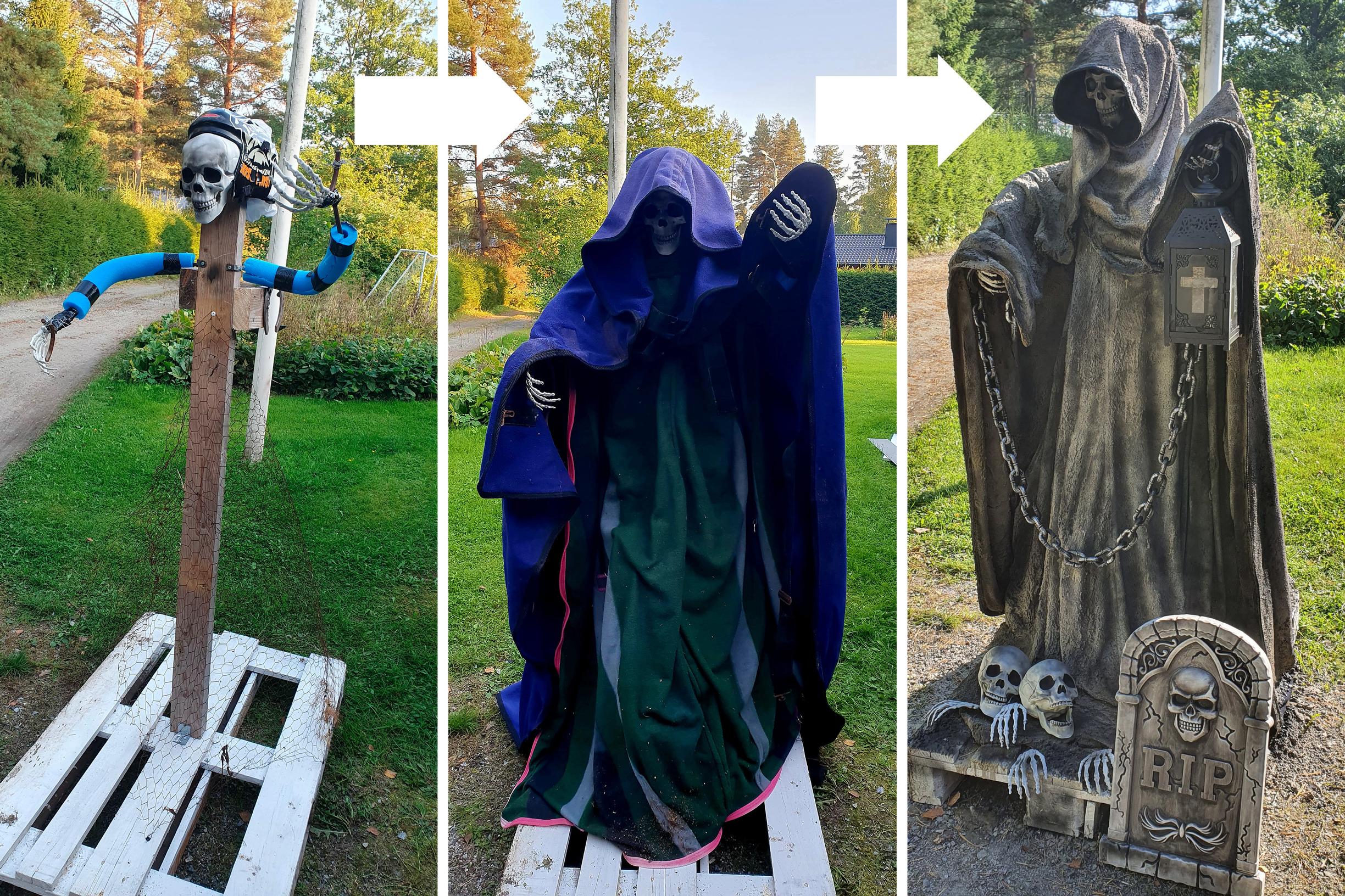 Progress photos of making the Grim Reaper statue.