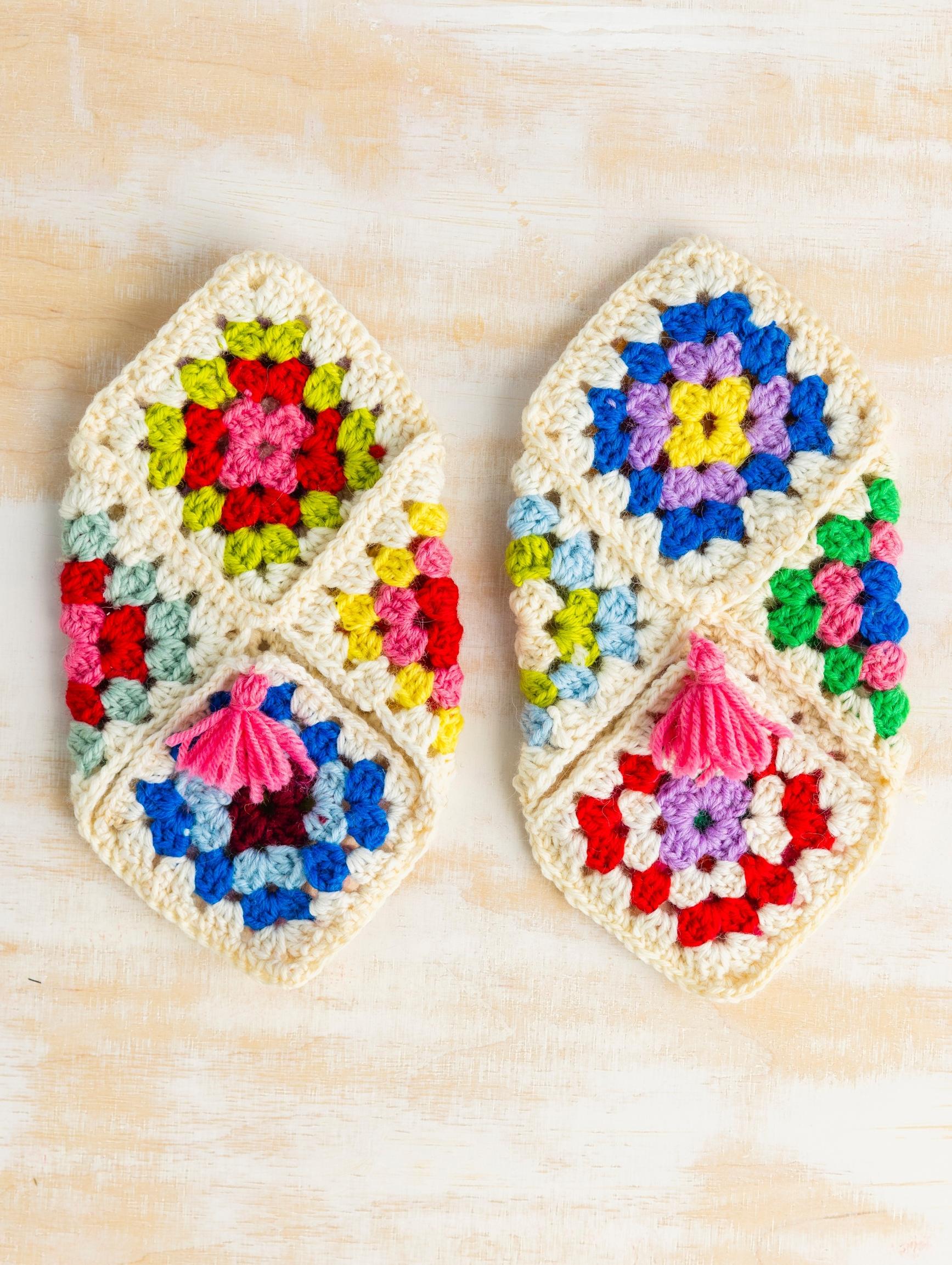 Finished slippers made from granny squares