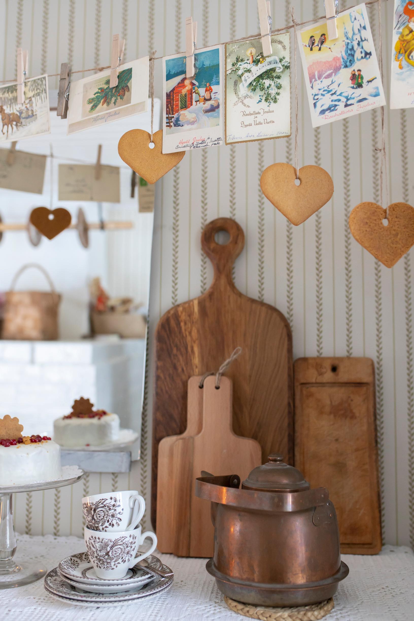 Cutting boards, coffee cups, and a copper kettle.
