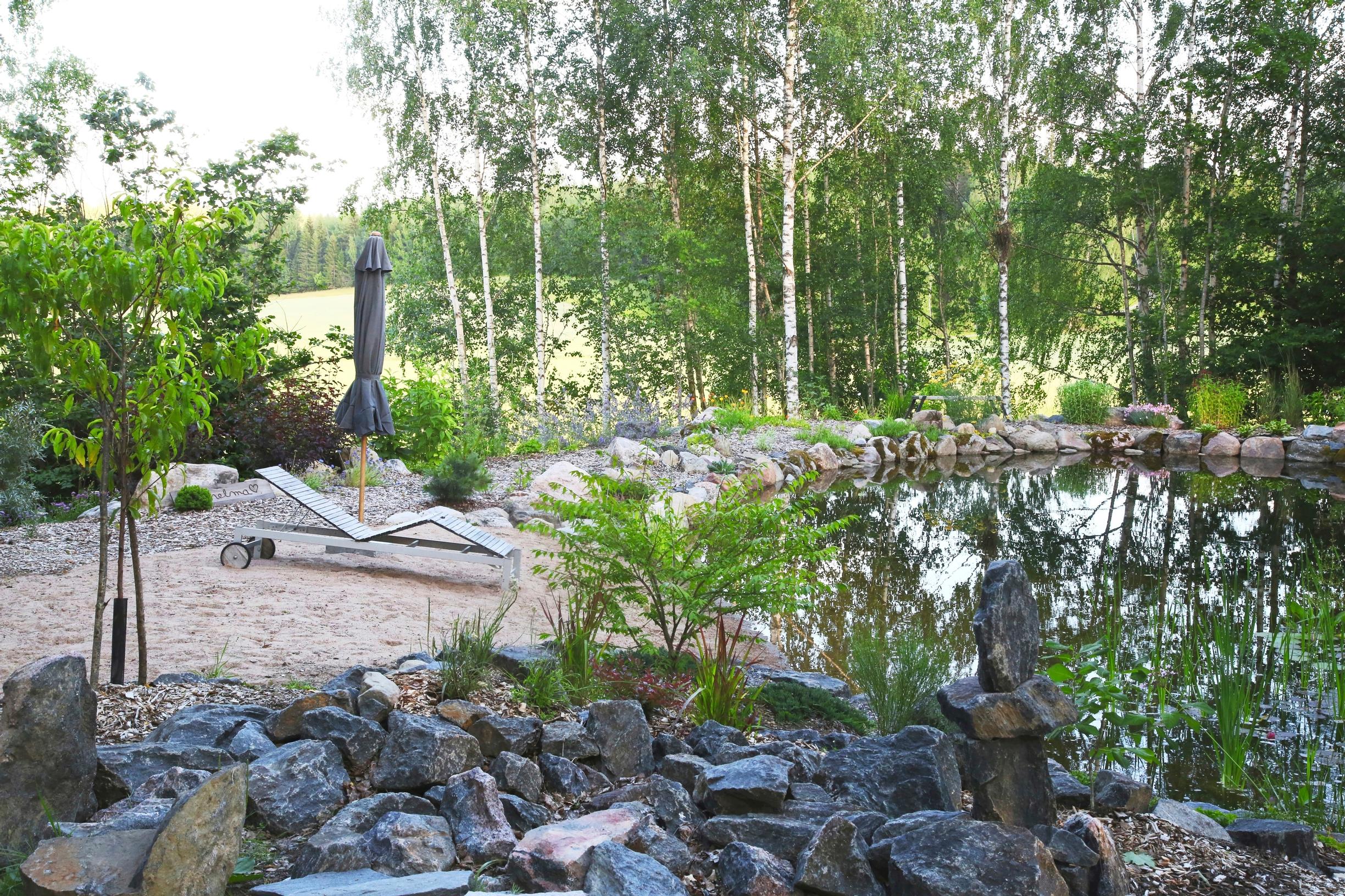 A swimming pond in the yard of a single-family home