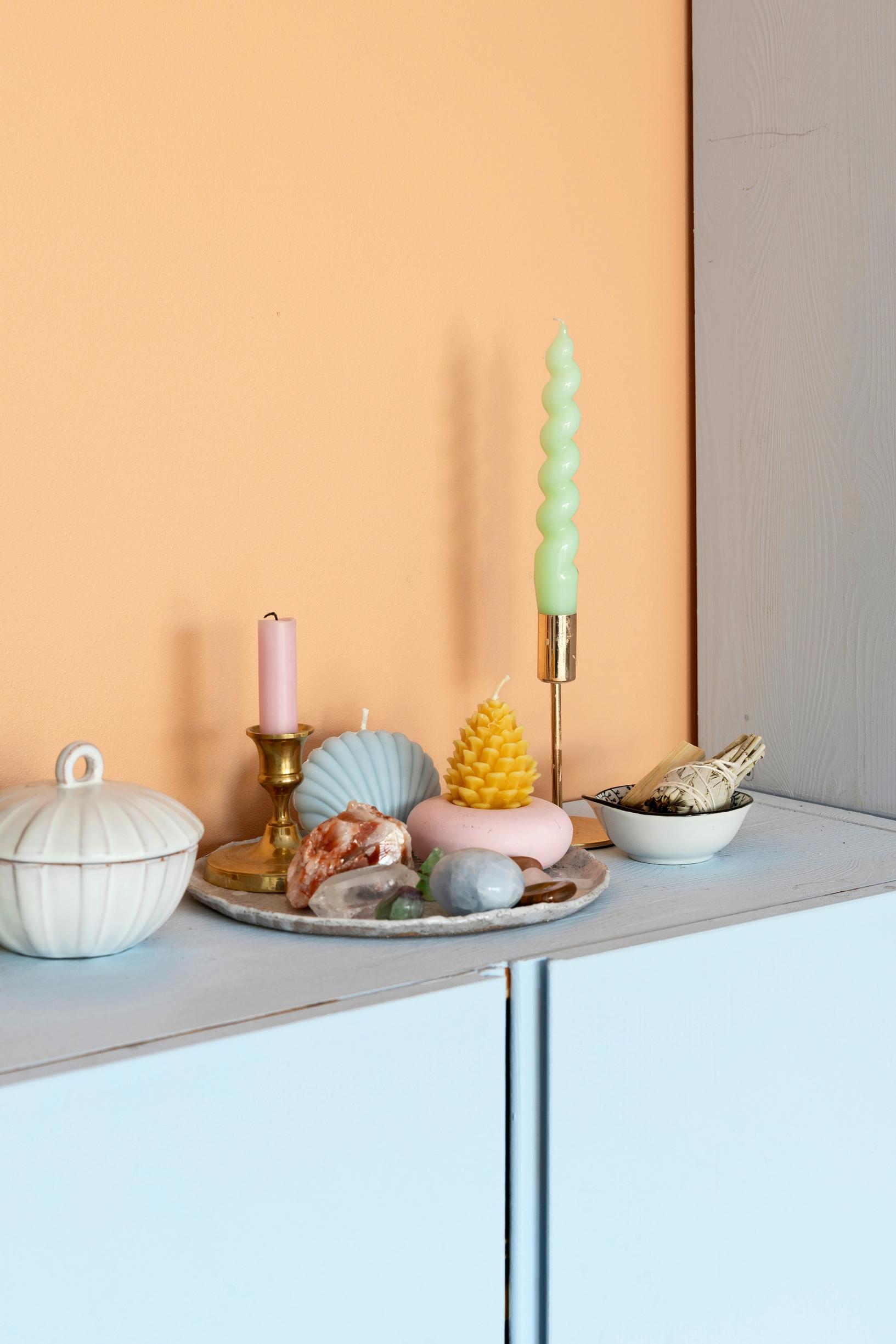 The Ikea Ivar cabinet is painted a pale blue.