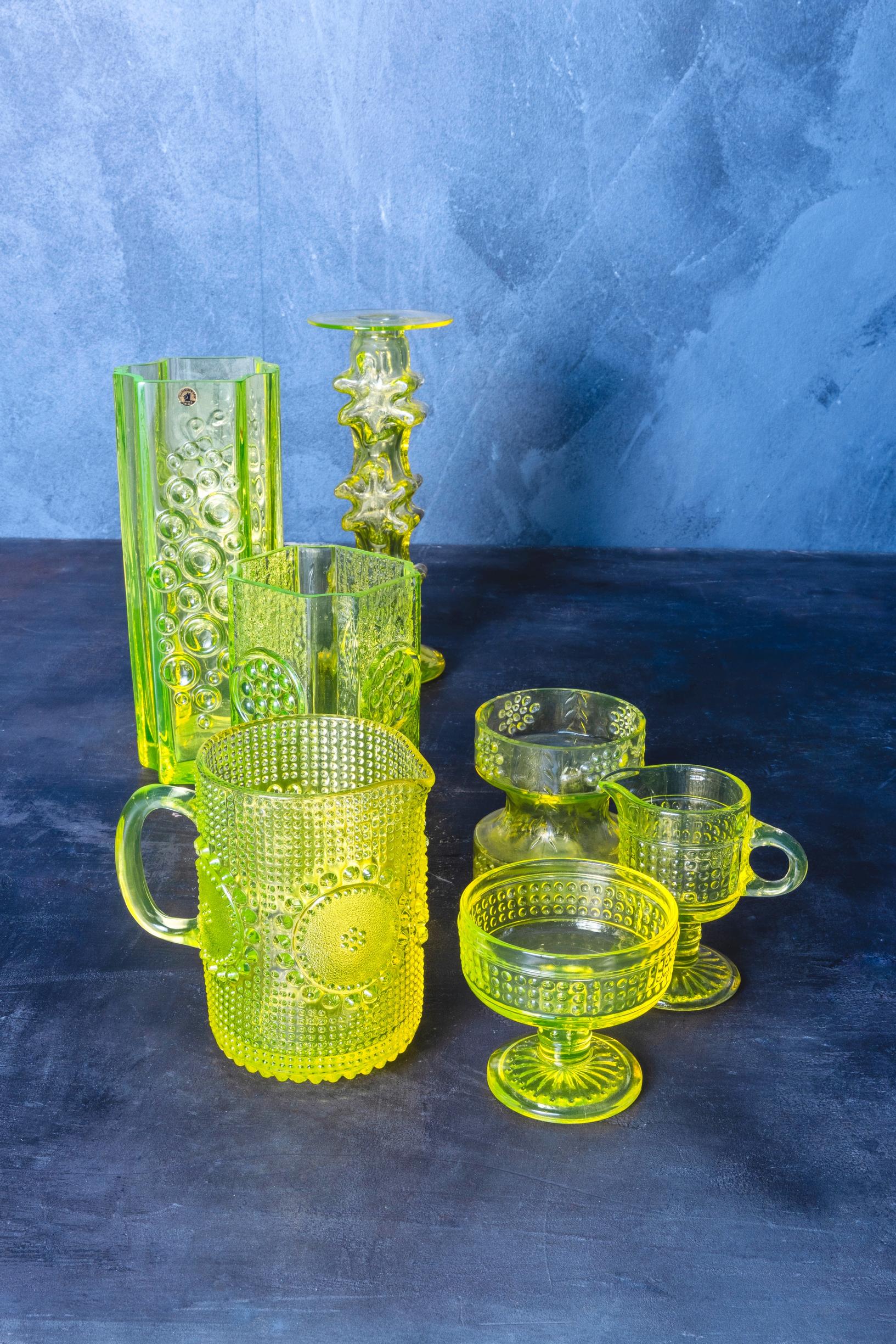 Uranium glass items under normal lighting