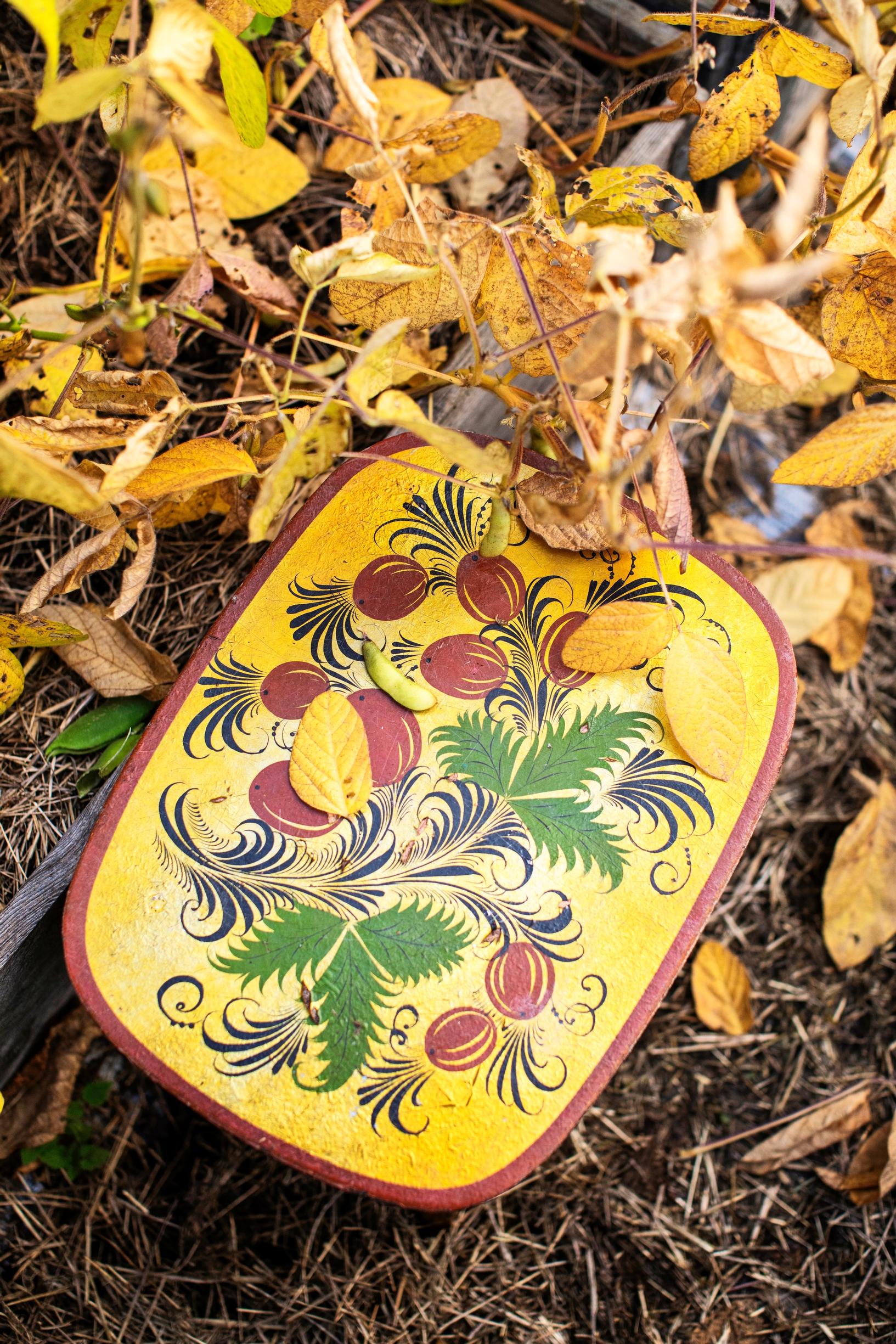 A yellow, decorative stool