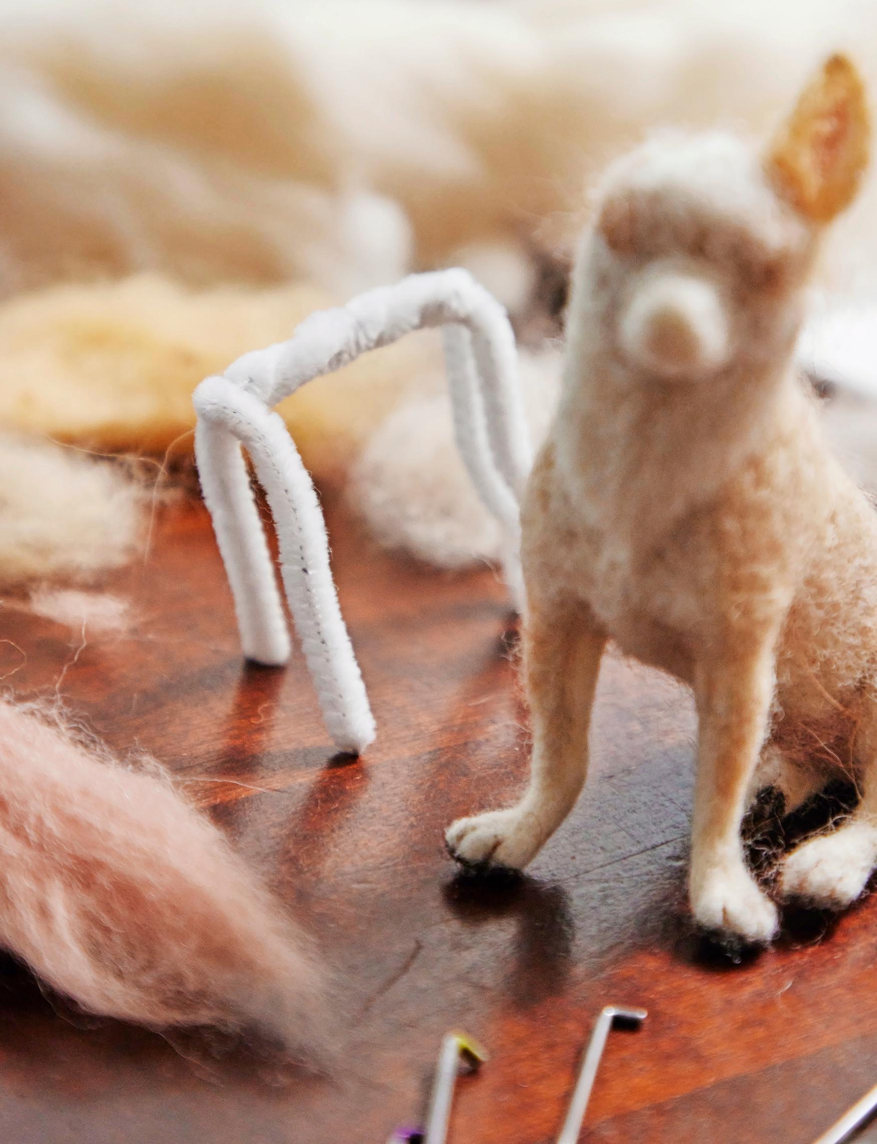 A work-in-progress felted Chihuahua.