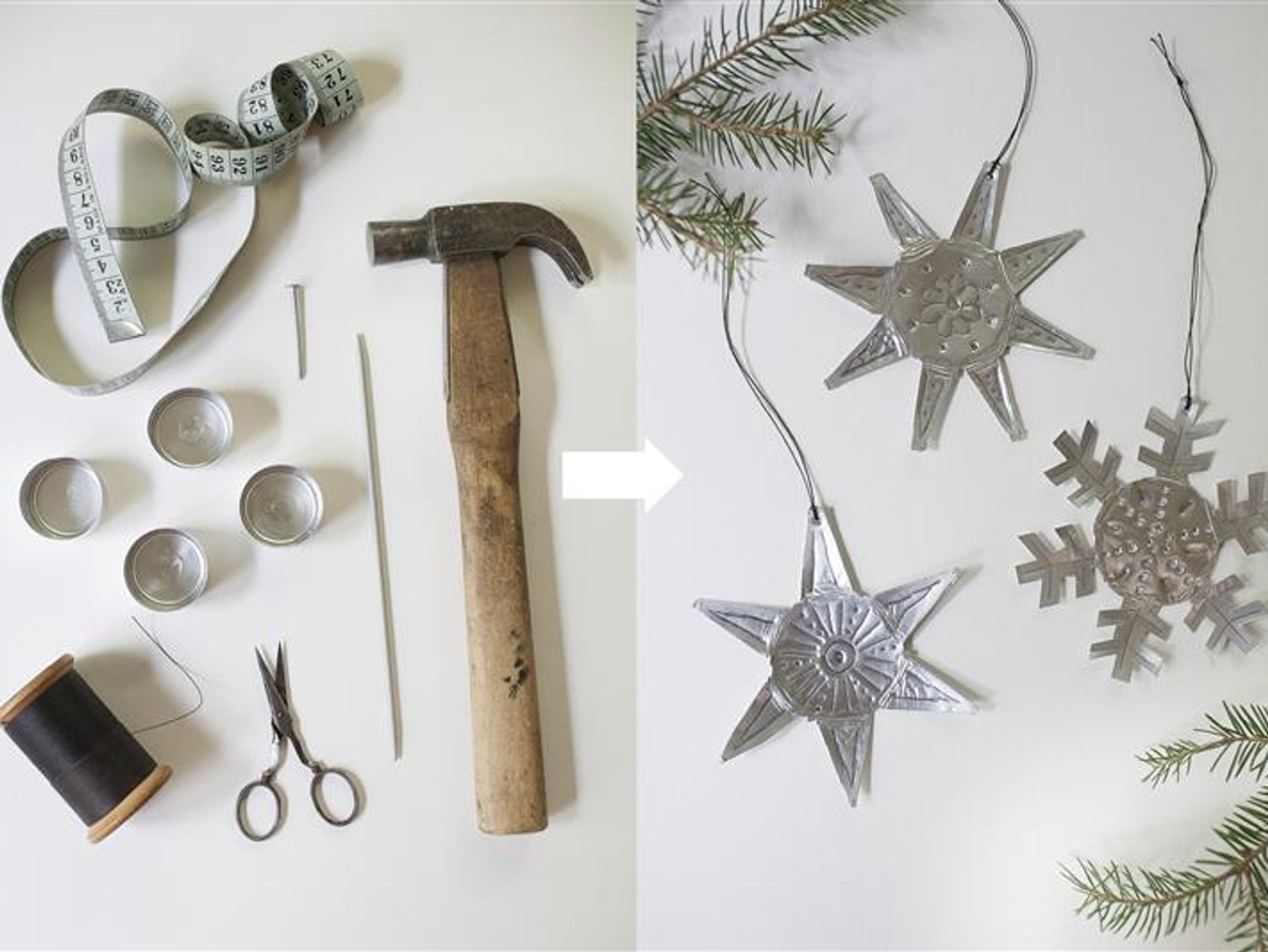 Make star and snowflake Christmas tree ornaments from tealight cups—see instructions
