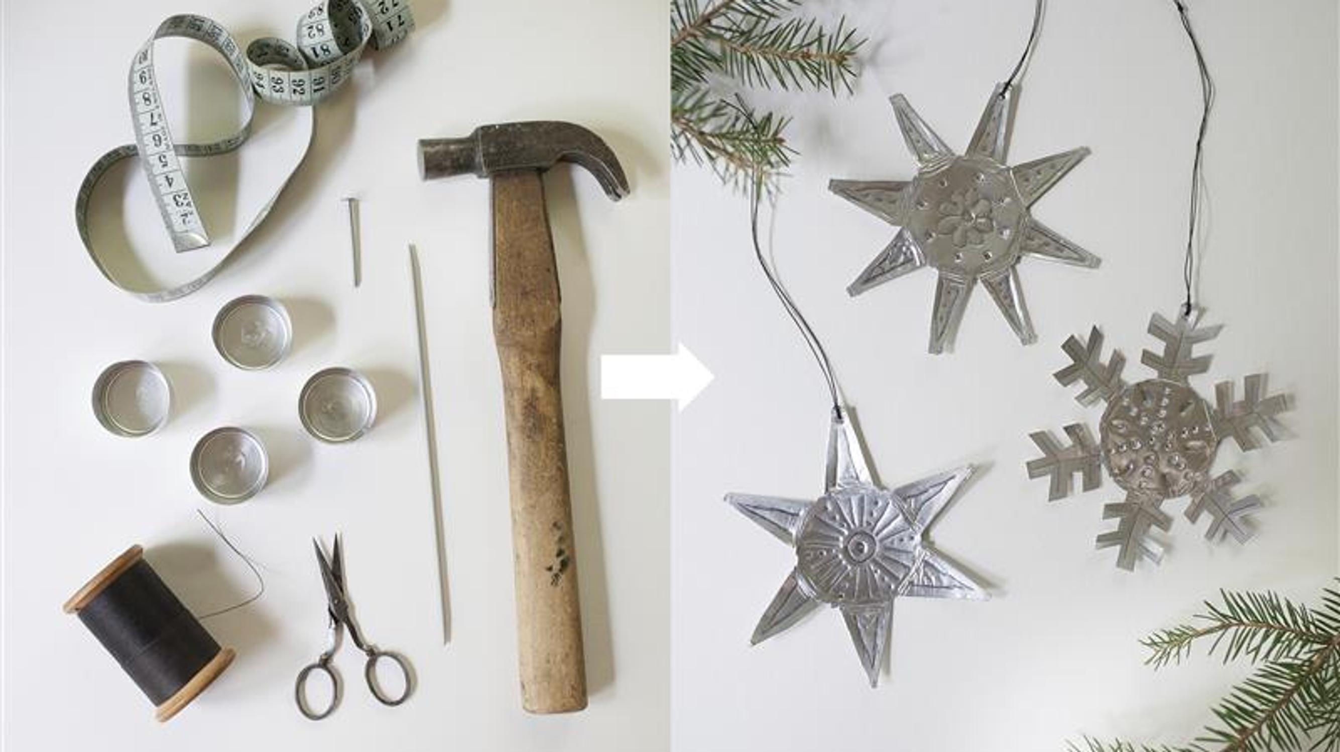 Make star and snowflake Christmas tree ornaments from tealight cups—see instructions