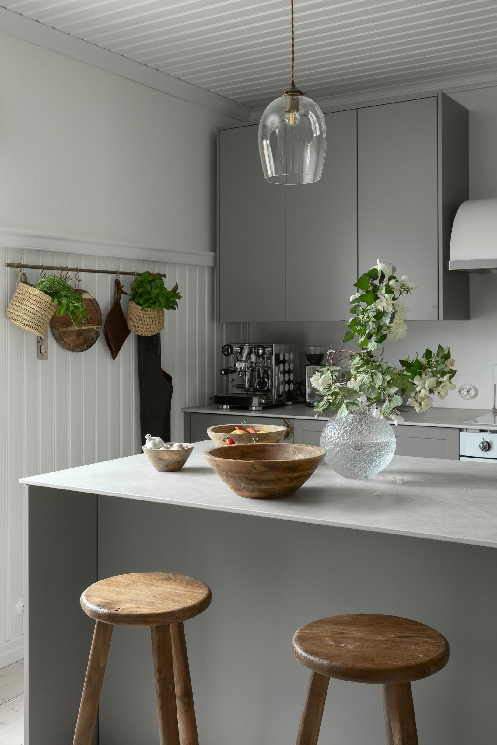 dishes on a gray island