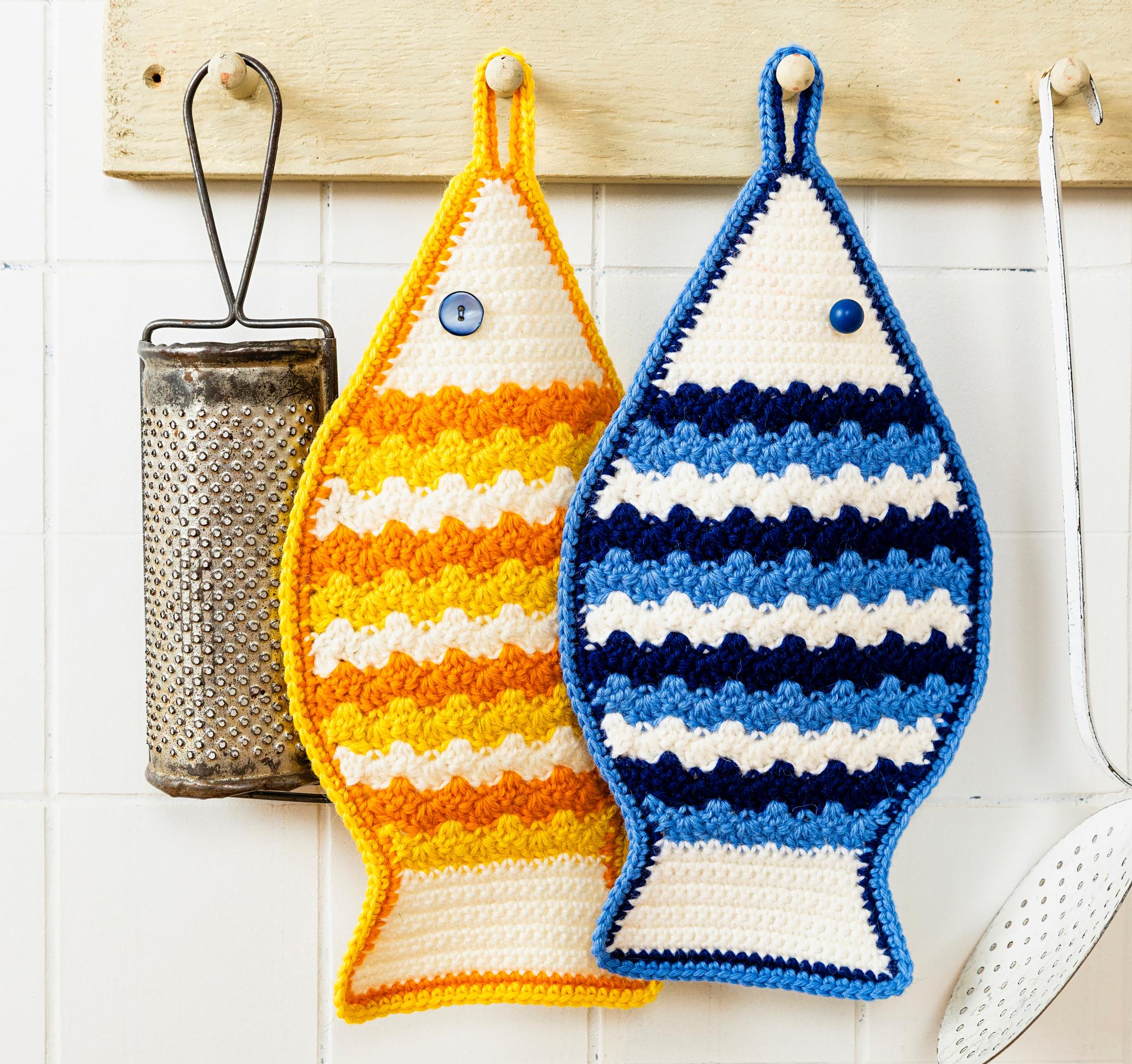 Got leftover yarn? Crochet these colorful fish pot holders