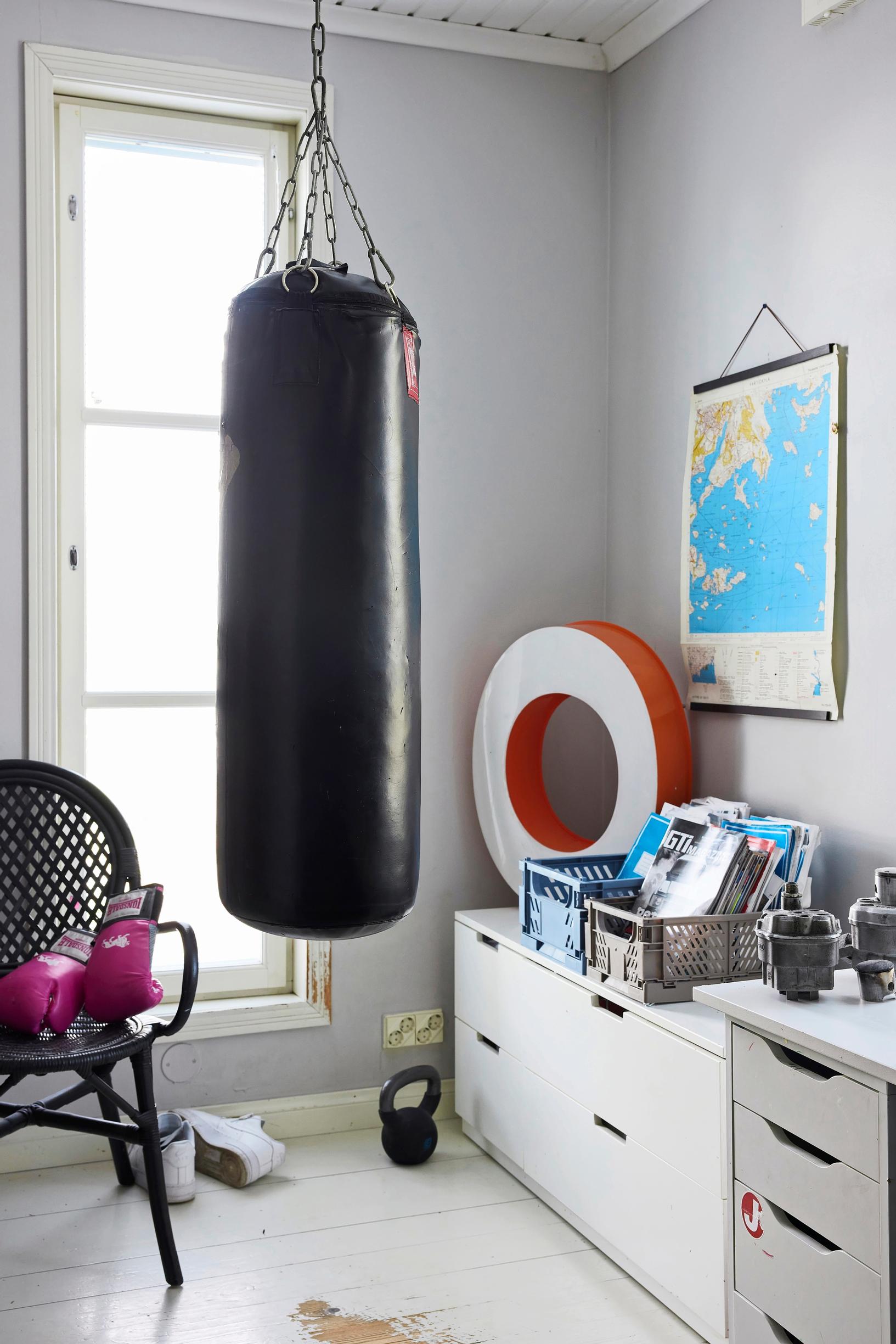 A punching bag hanging from the ceiling