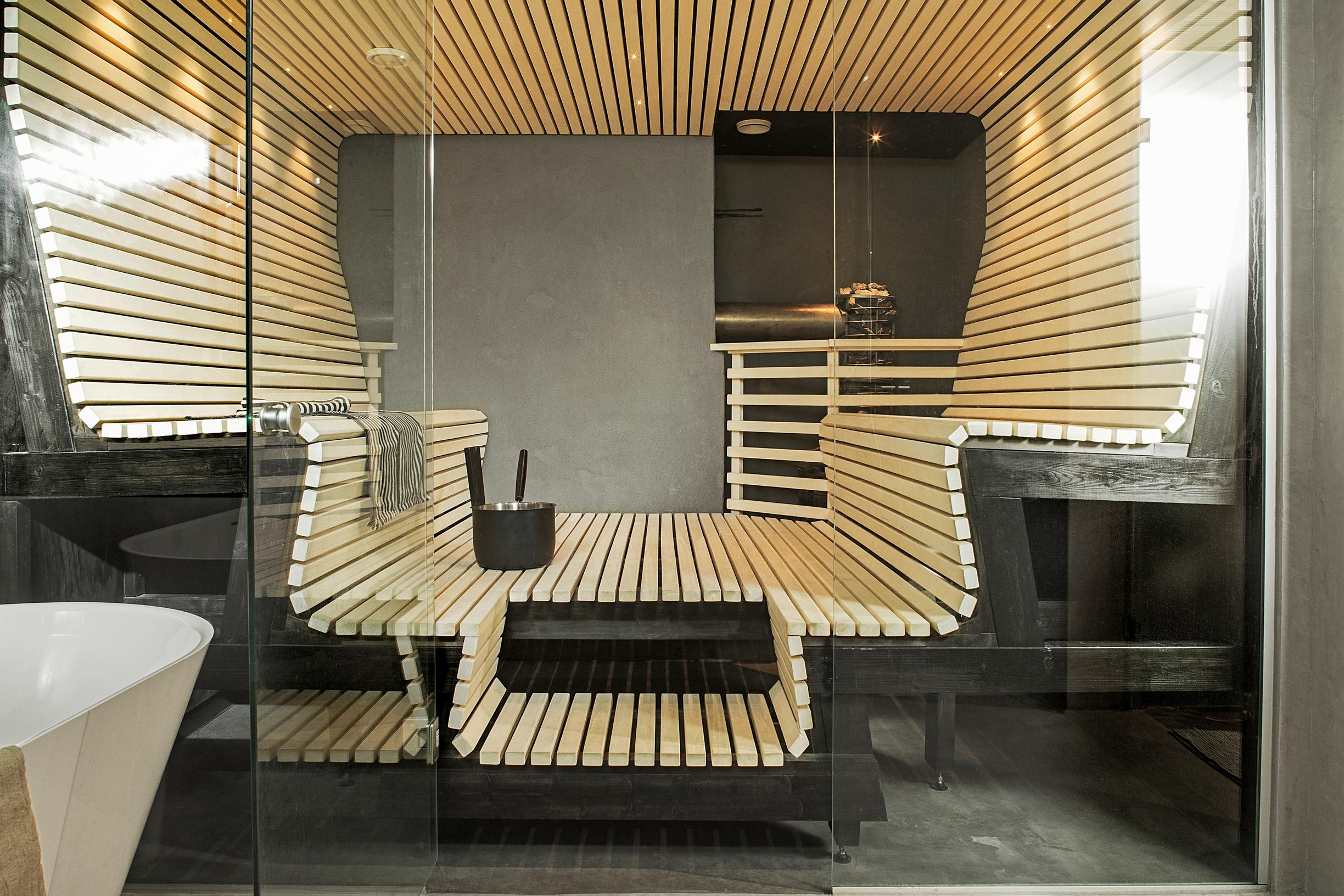 A sauna clad in slats