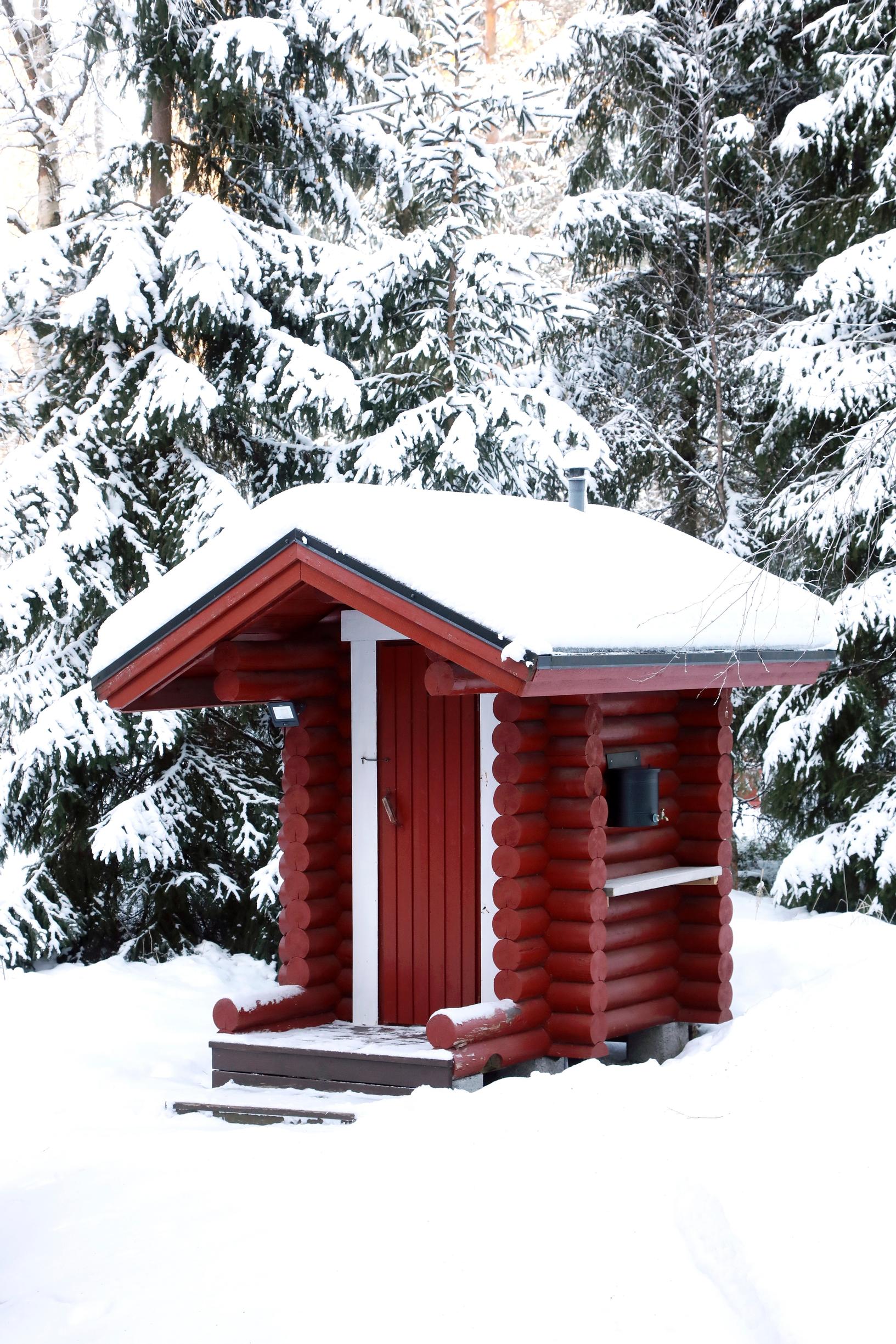 a small red outhouse surrounded by snow, with spruce trees in the background.