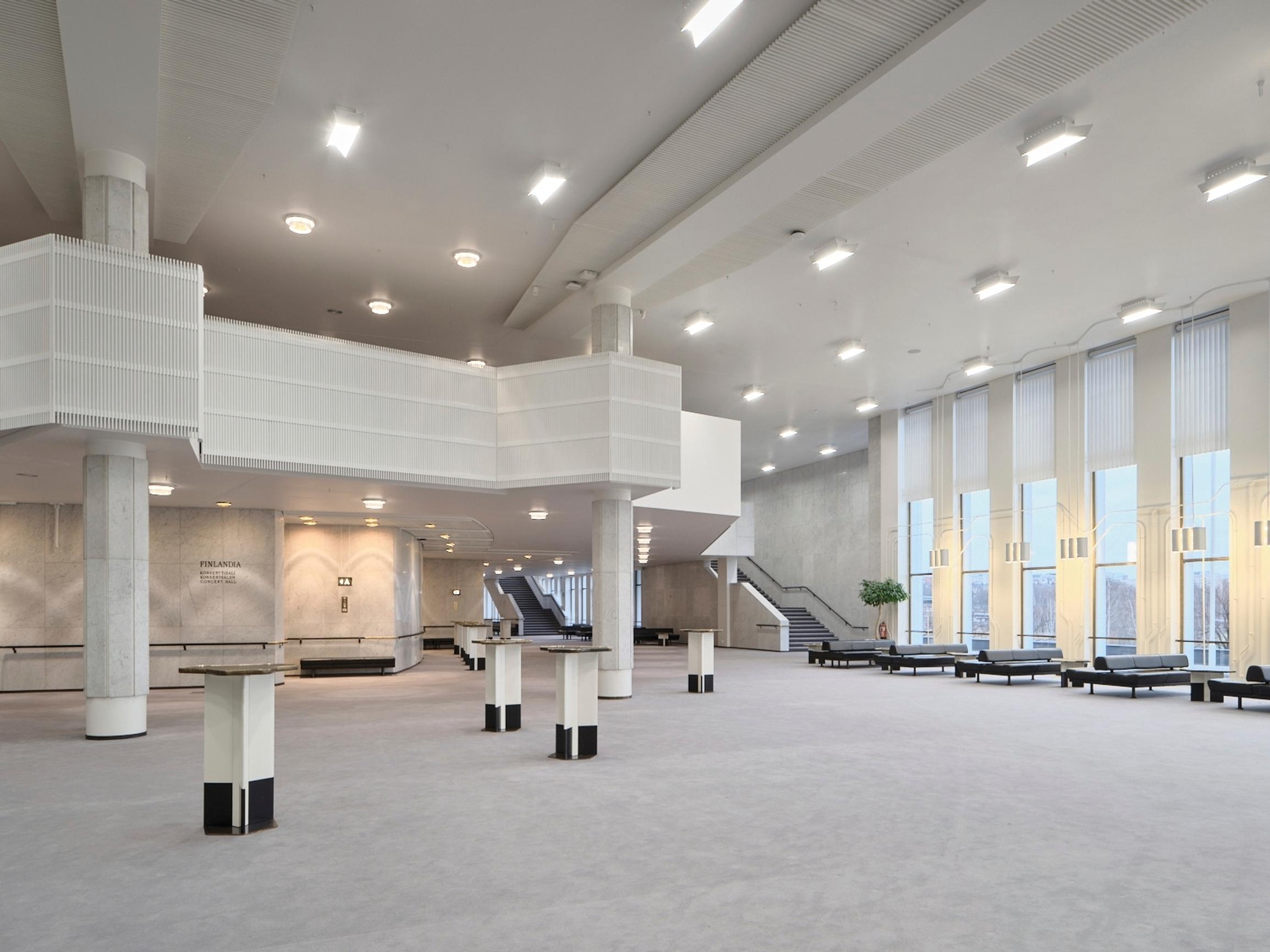 Finlandia Hall’s lobby and balcony, with a window view