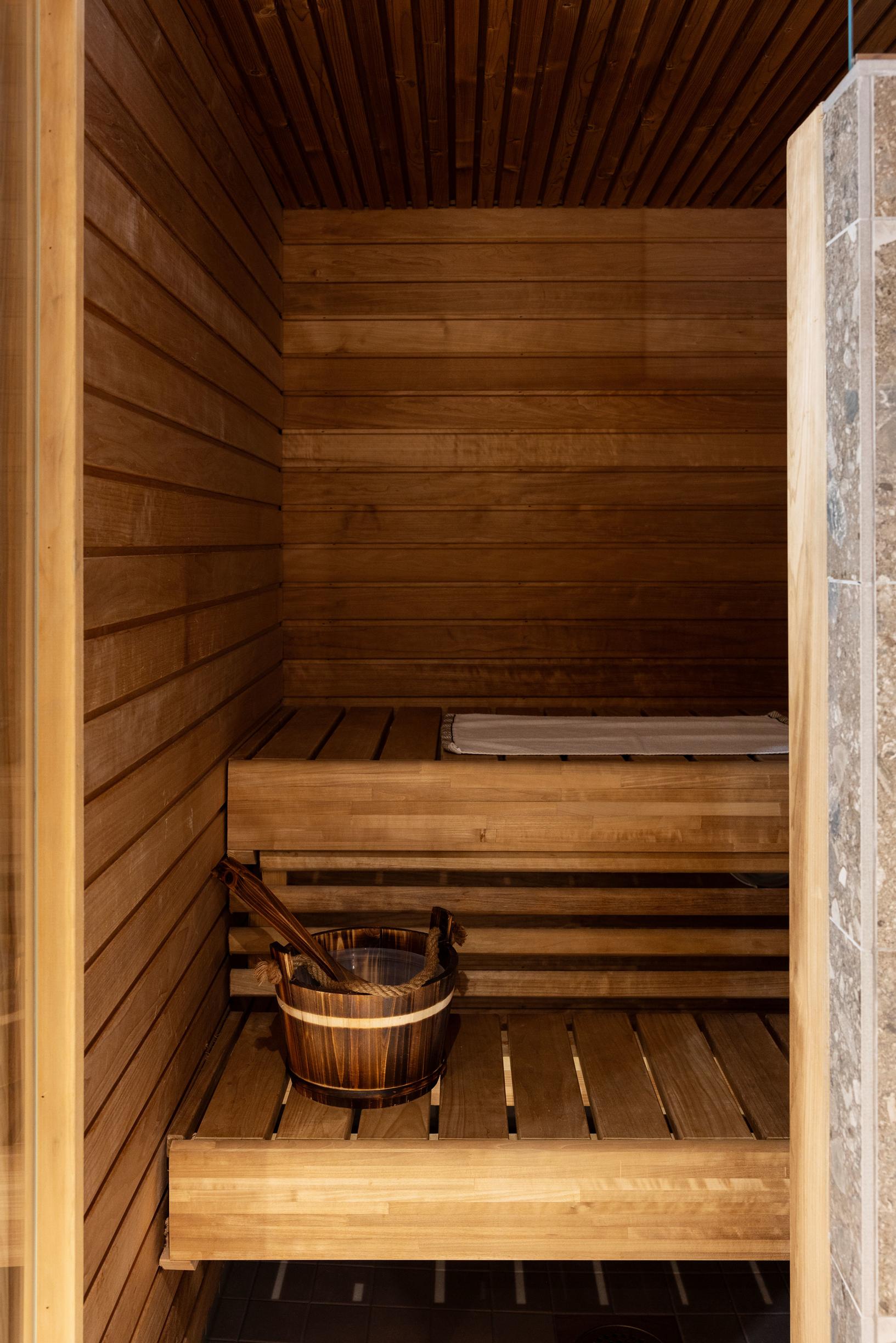 Sauna benches and a sauna bucket