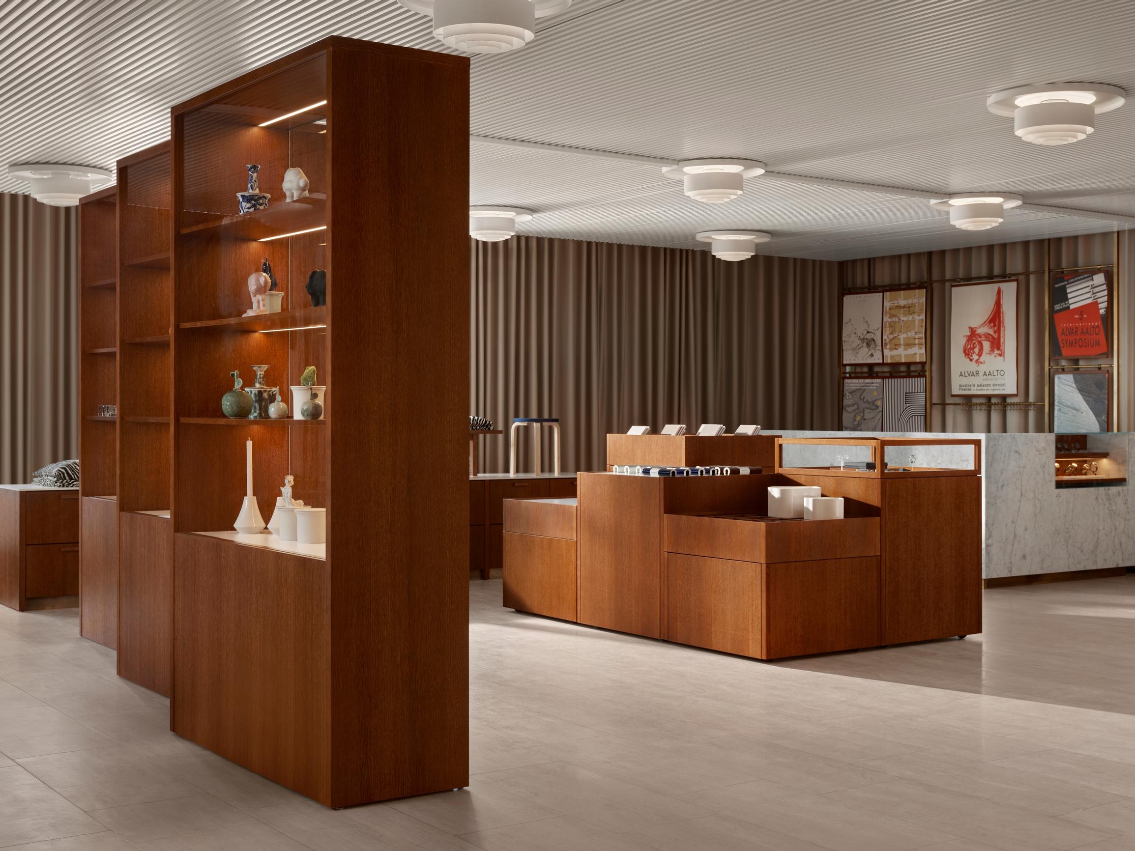 Bookshelves and racks in Finlandia Hall’s design shop