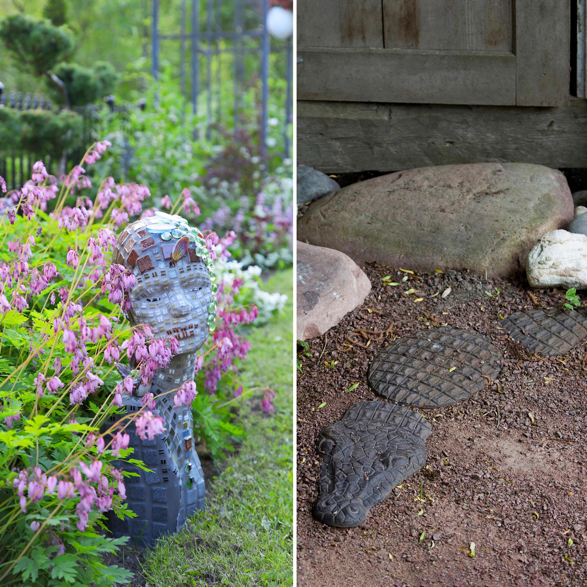 Alligator stepping stones and a mannequin in the flower bed—playful design ideas for your garden