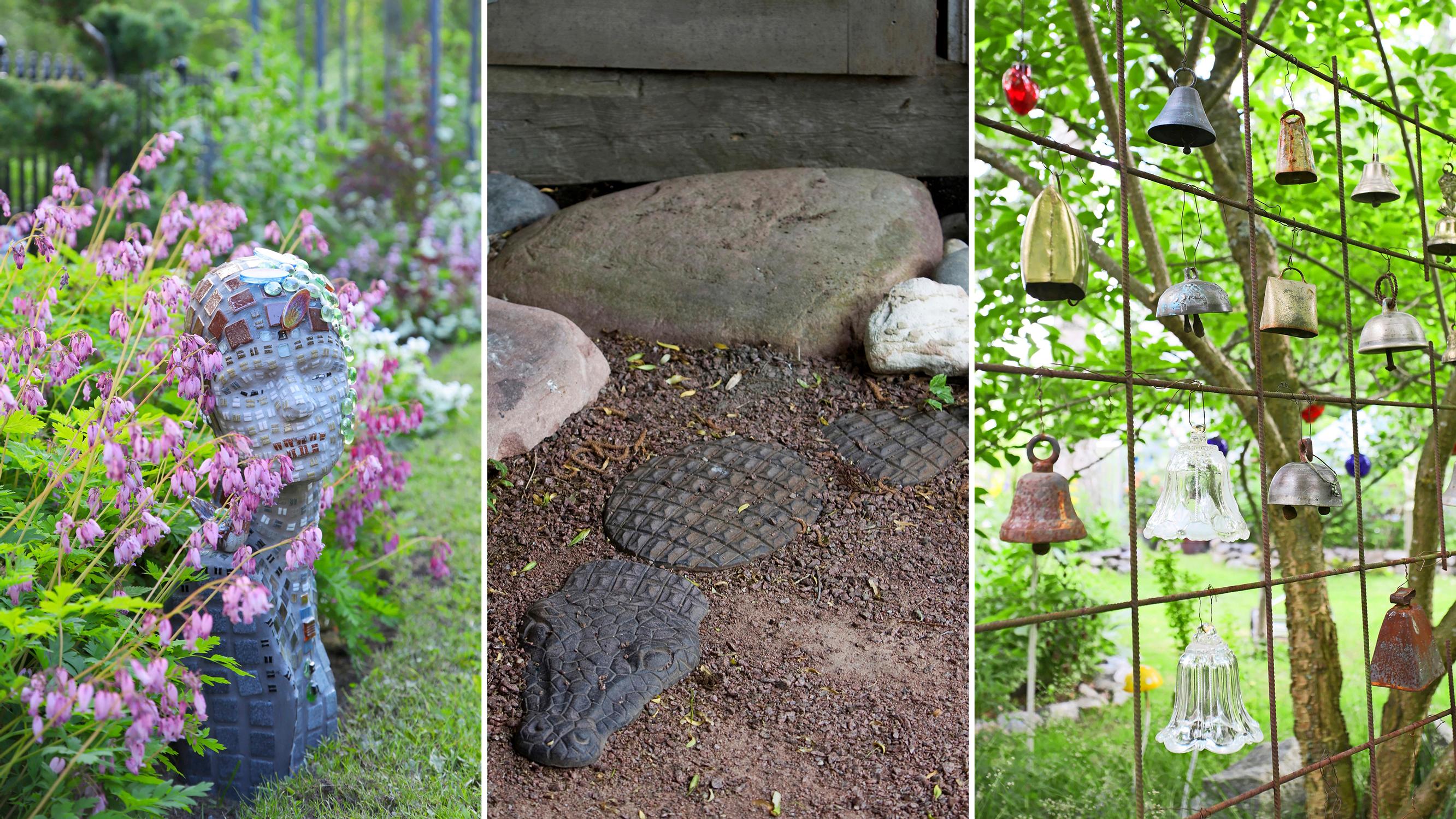 Alligator stepping stones and a mannequin in the flower bed—playful design ideas for your garden