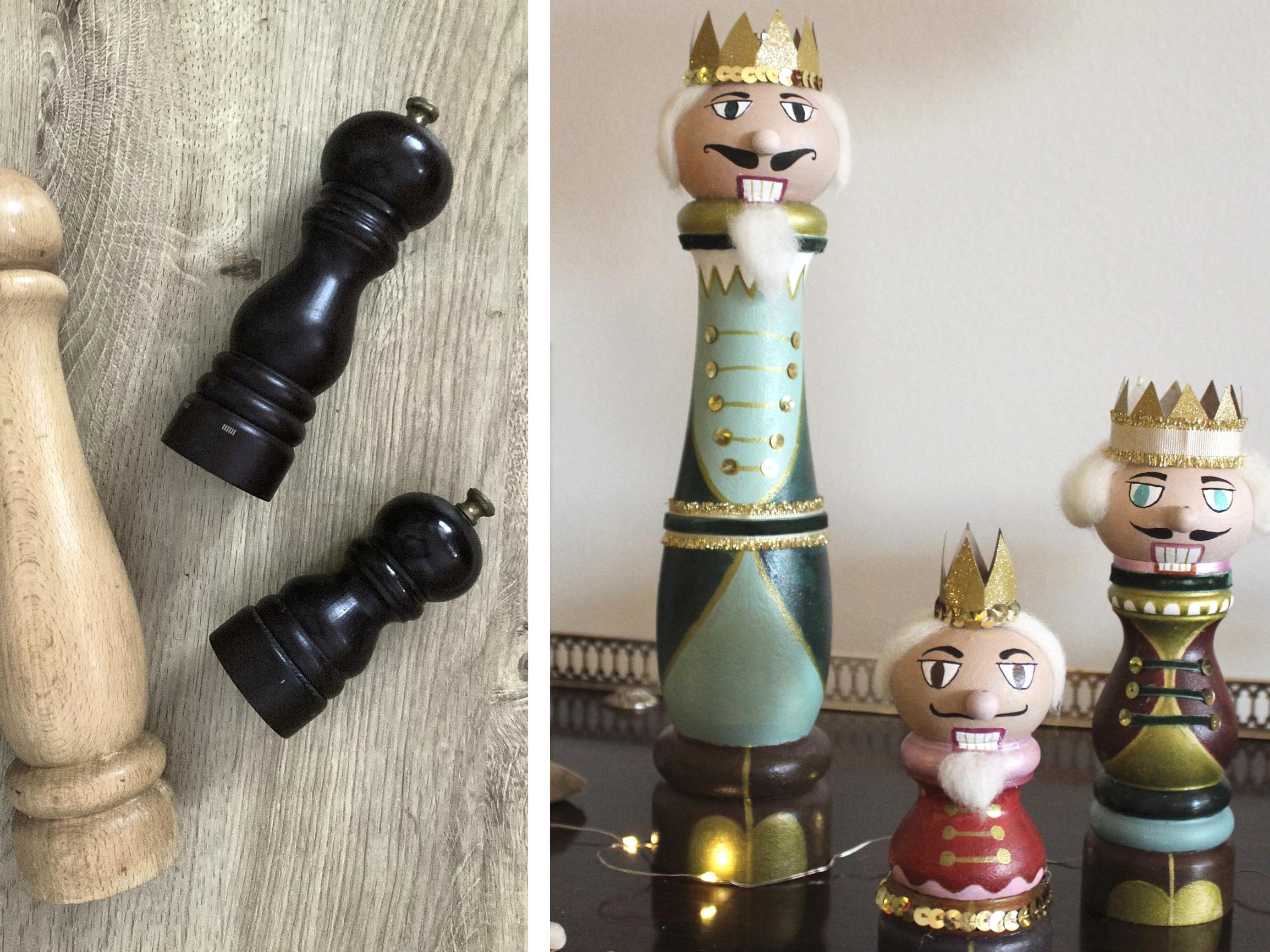 Turn old spice mills into playful nutcracker decorations