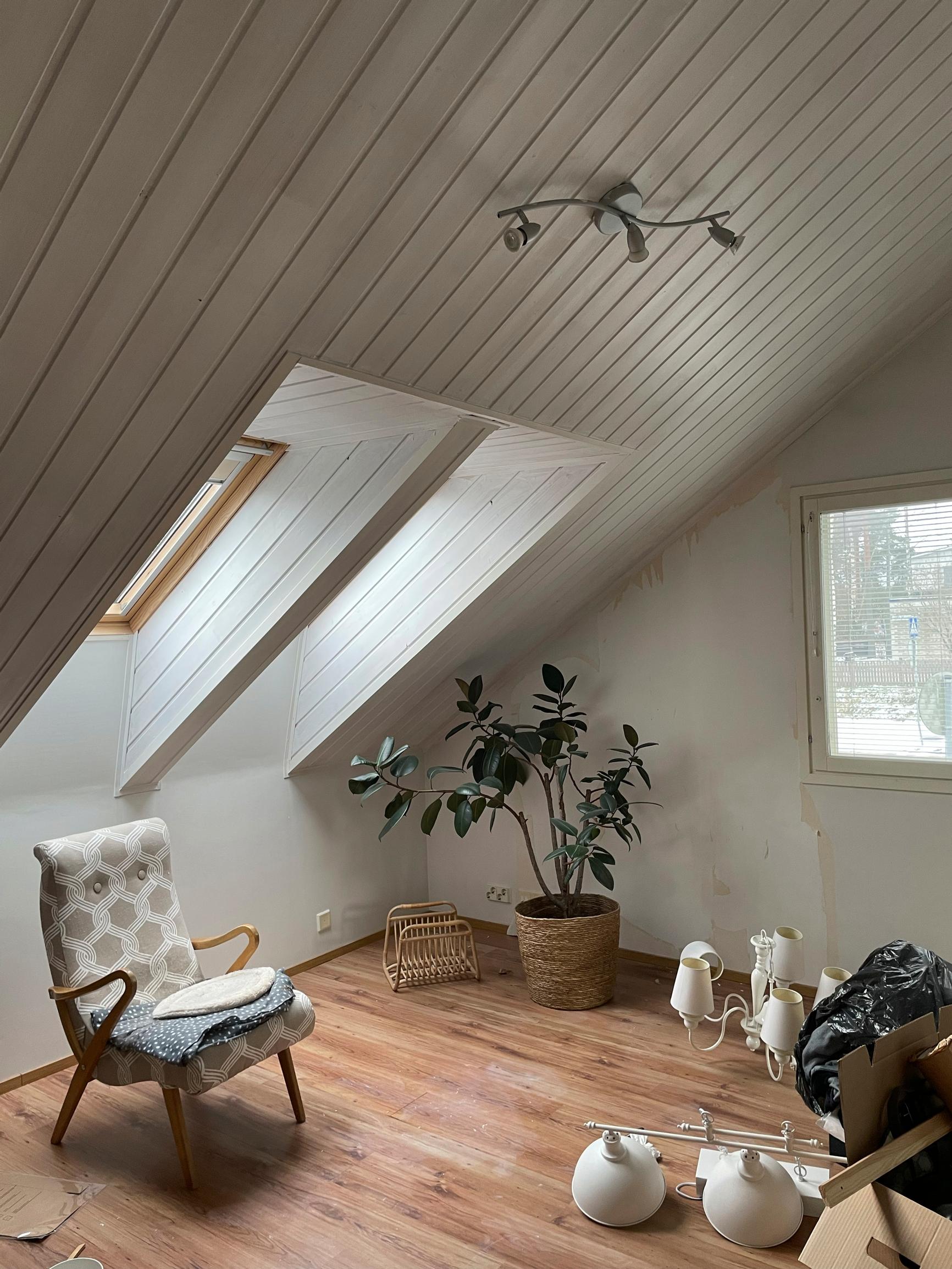 At the lower edge of the sloped ceiling, there are two identical skylights side by side.