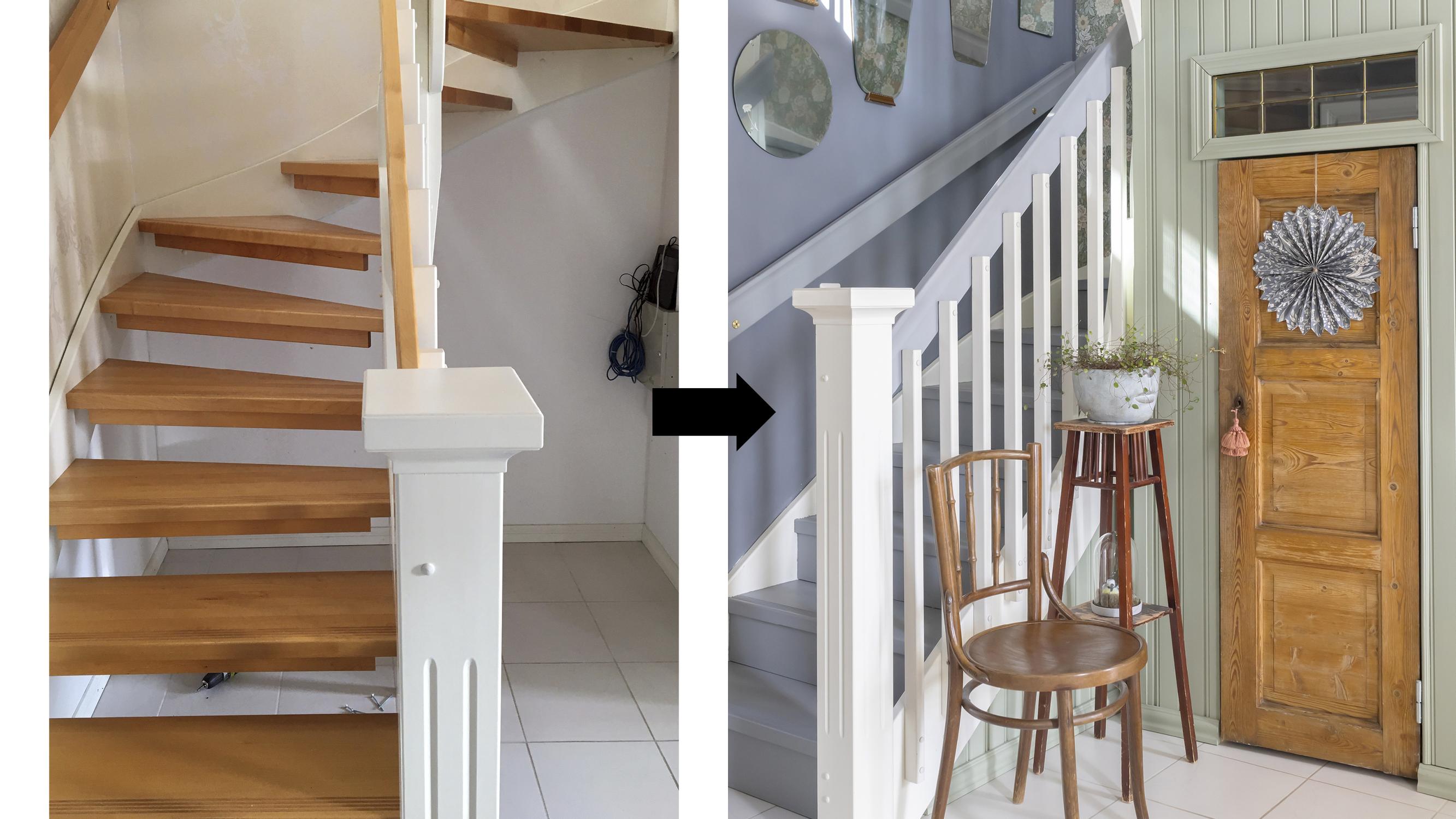 Could you believe these pictures are of the same space? Kirsi transformed a cluttered staircase—“Best decision ever”