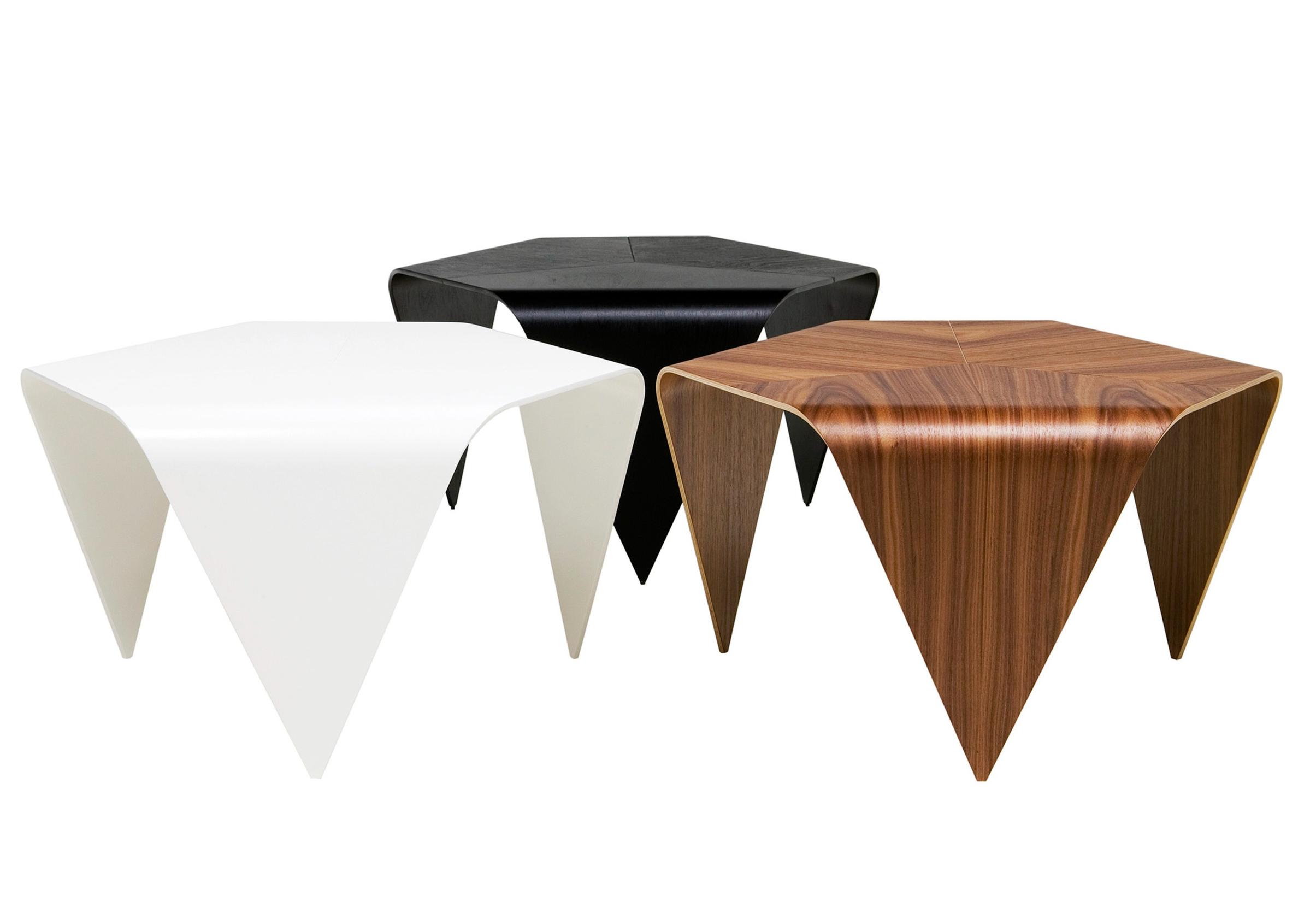 Ilmari Tapiovaara’s Trienna tables in white, black, and walnut brown