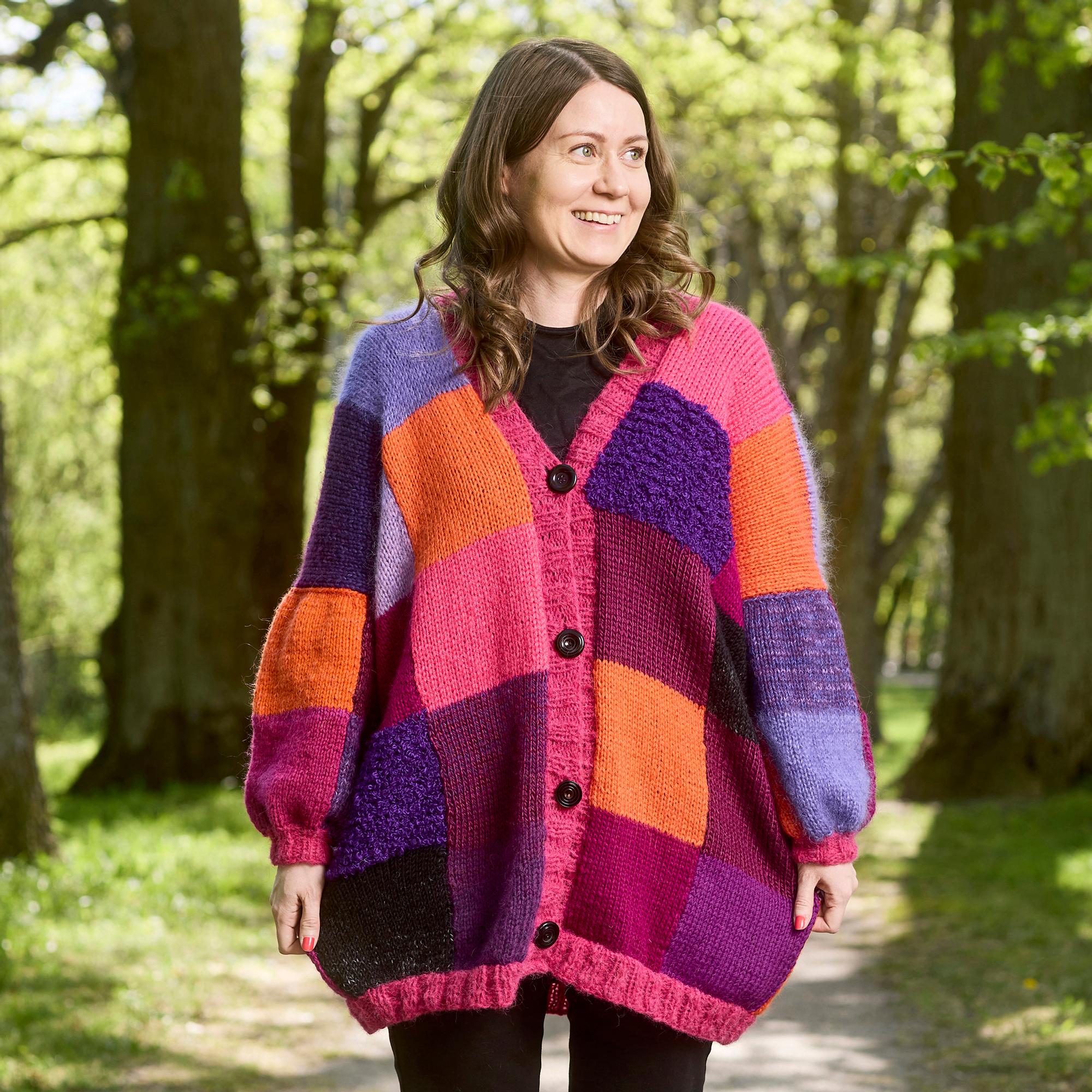 Turn leftover yarn into a fun patchwork cardigan—perfect for beginners!