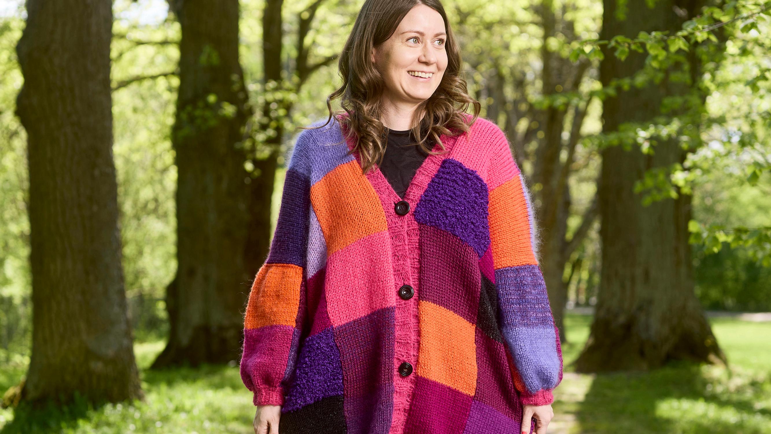 Turn leftover yarn into a fun patchwork cardigan—perfect for beginners!