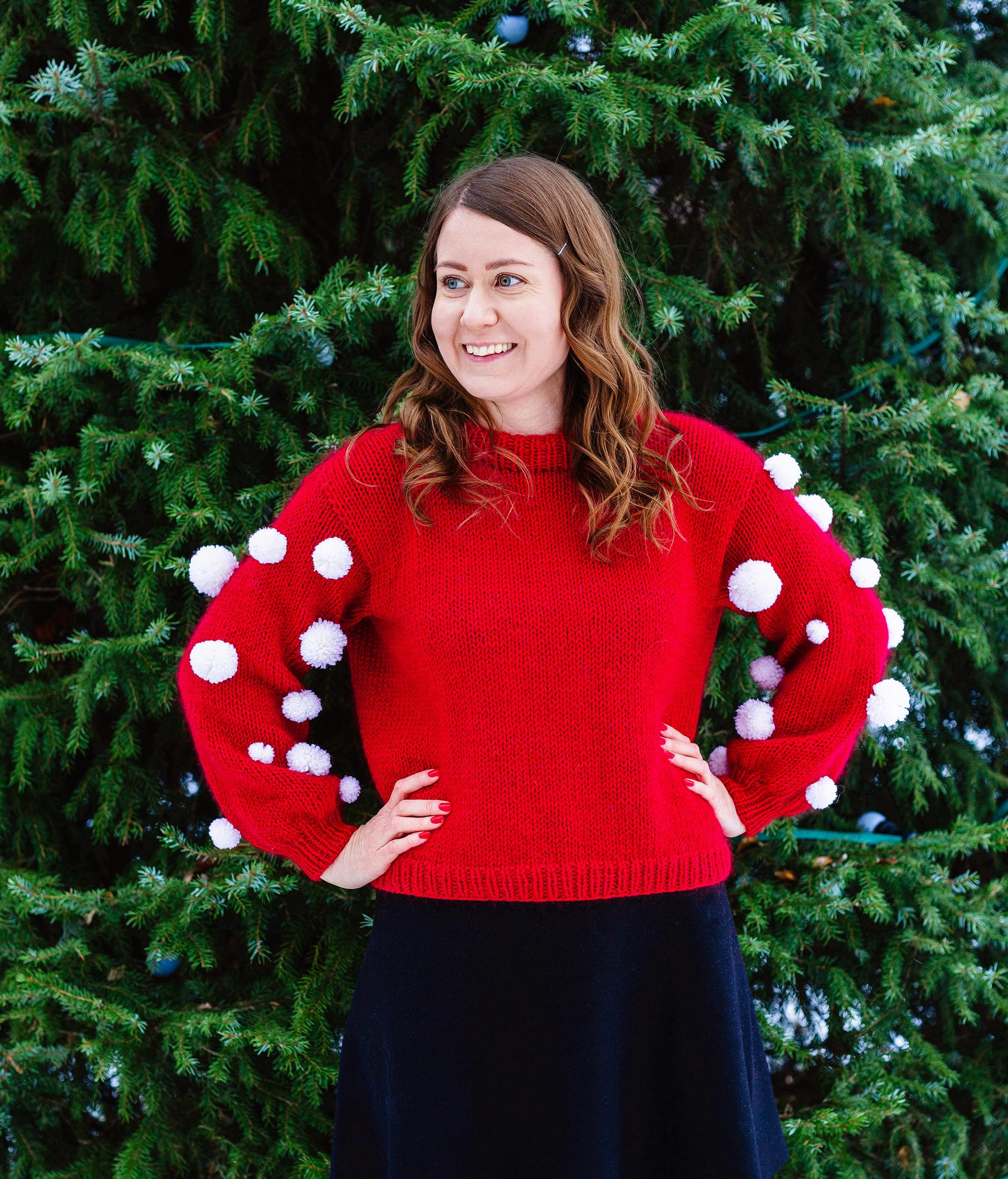 Knit a fun Christmas sweater covered in fluffy pompoms
