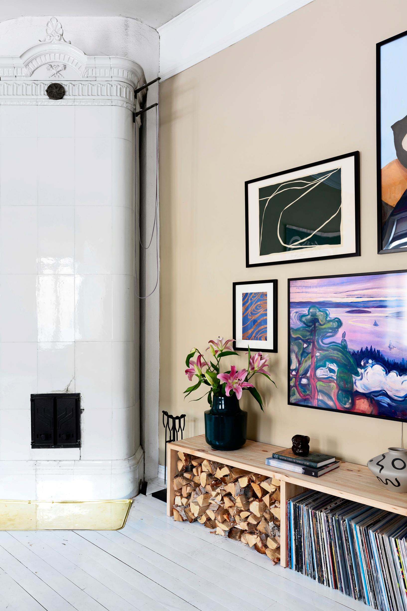 A piece of storage furniture the couple built for storing firewood and records