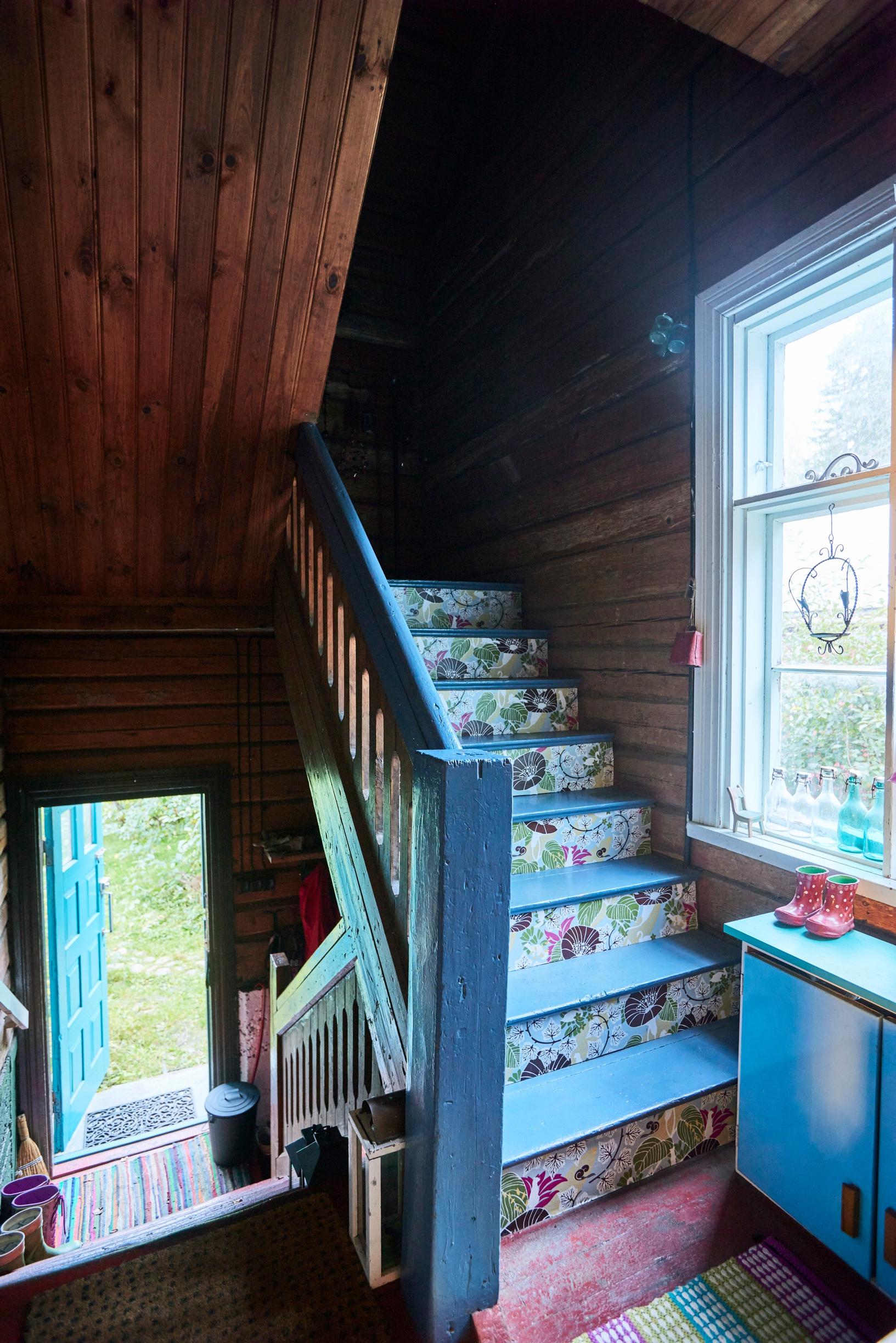 Wallpapered stairs in an old house