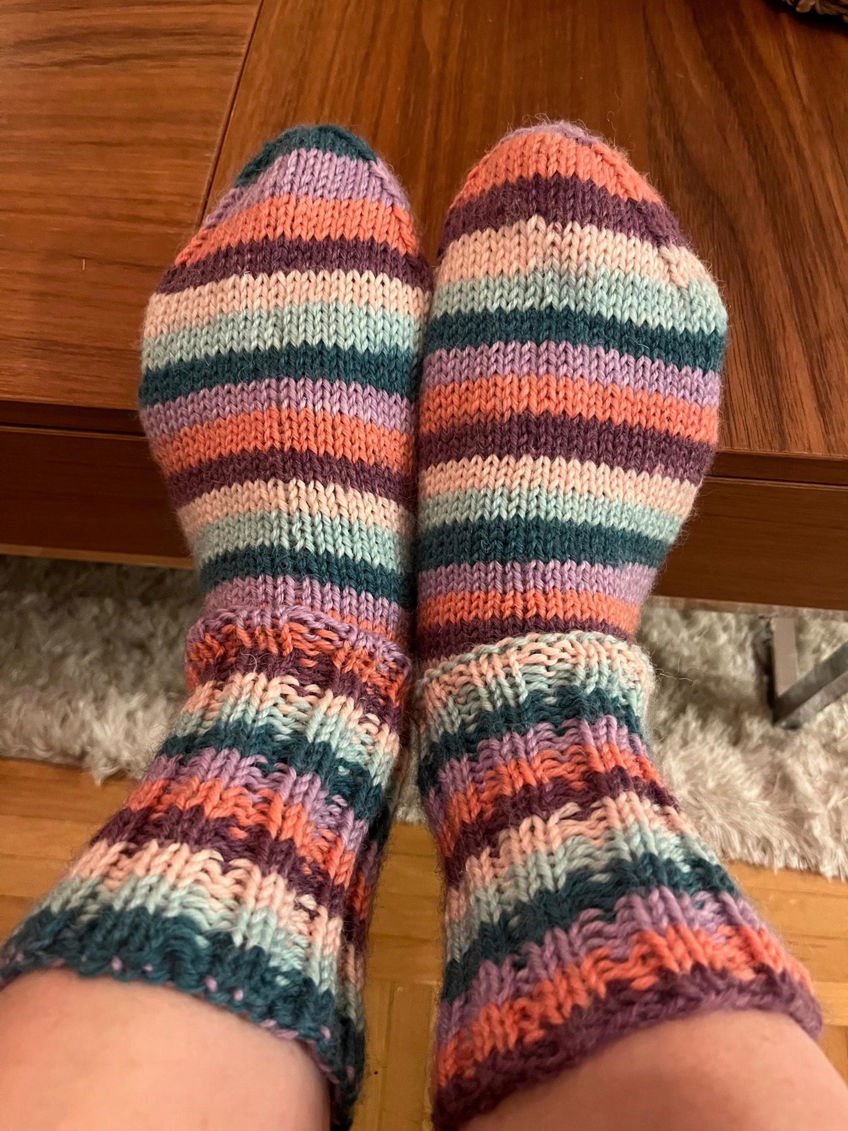 Striped wool socks on my feet