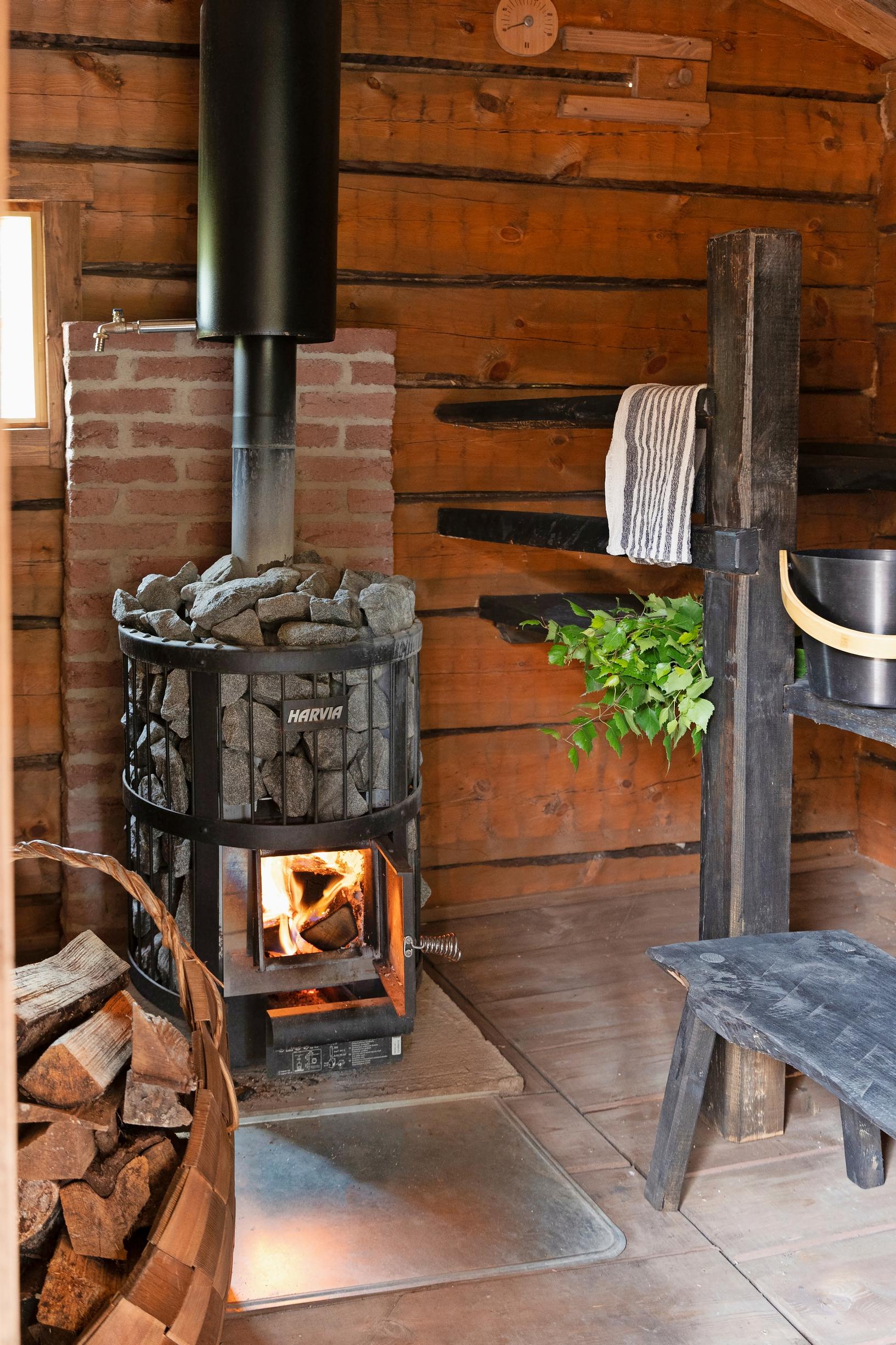 fire in the sauna stove, benches, and firewood