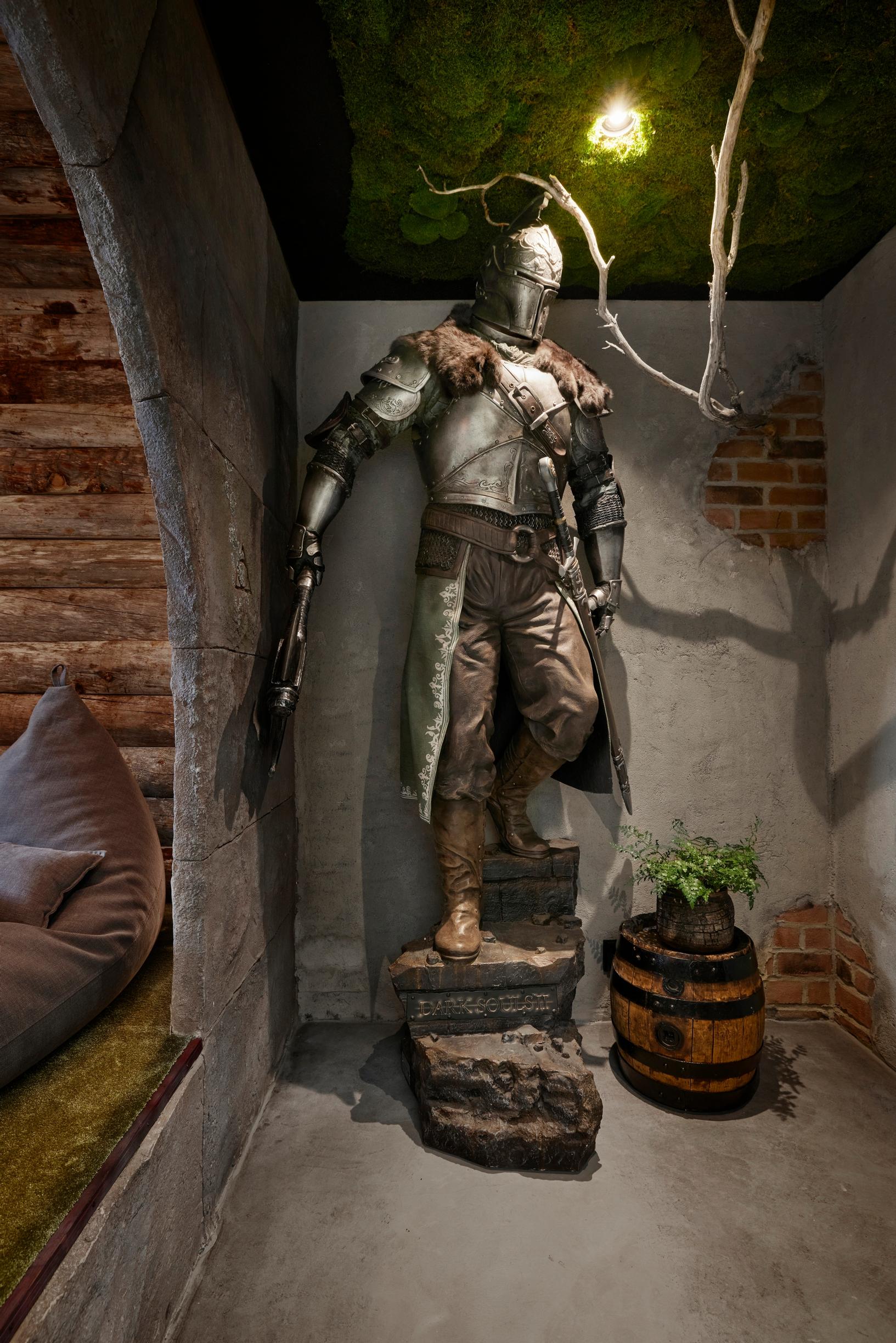 A suit of armor along the room wall