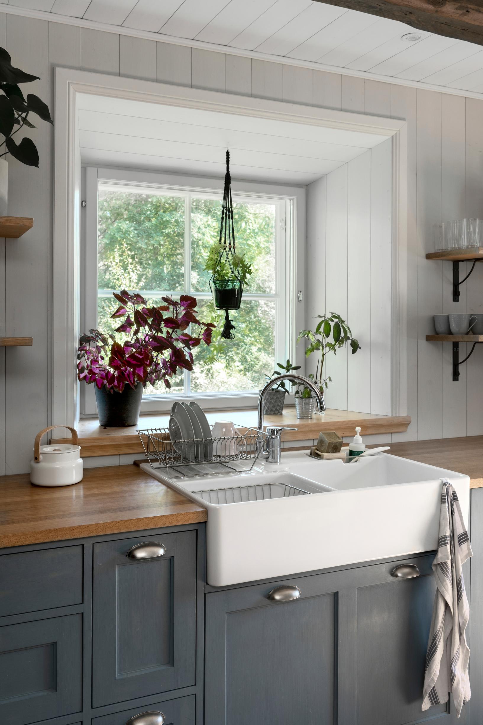 A sink in front of the window