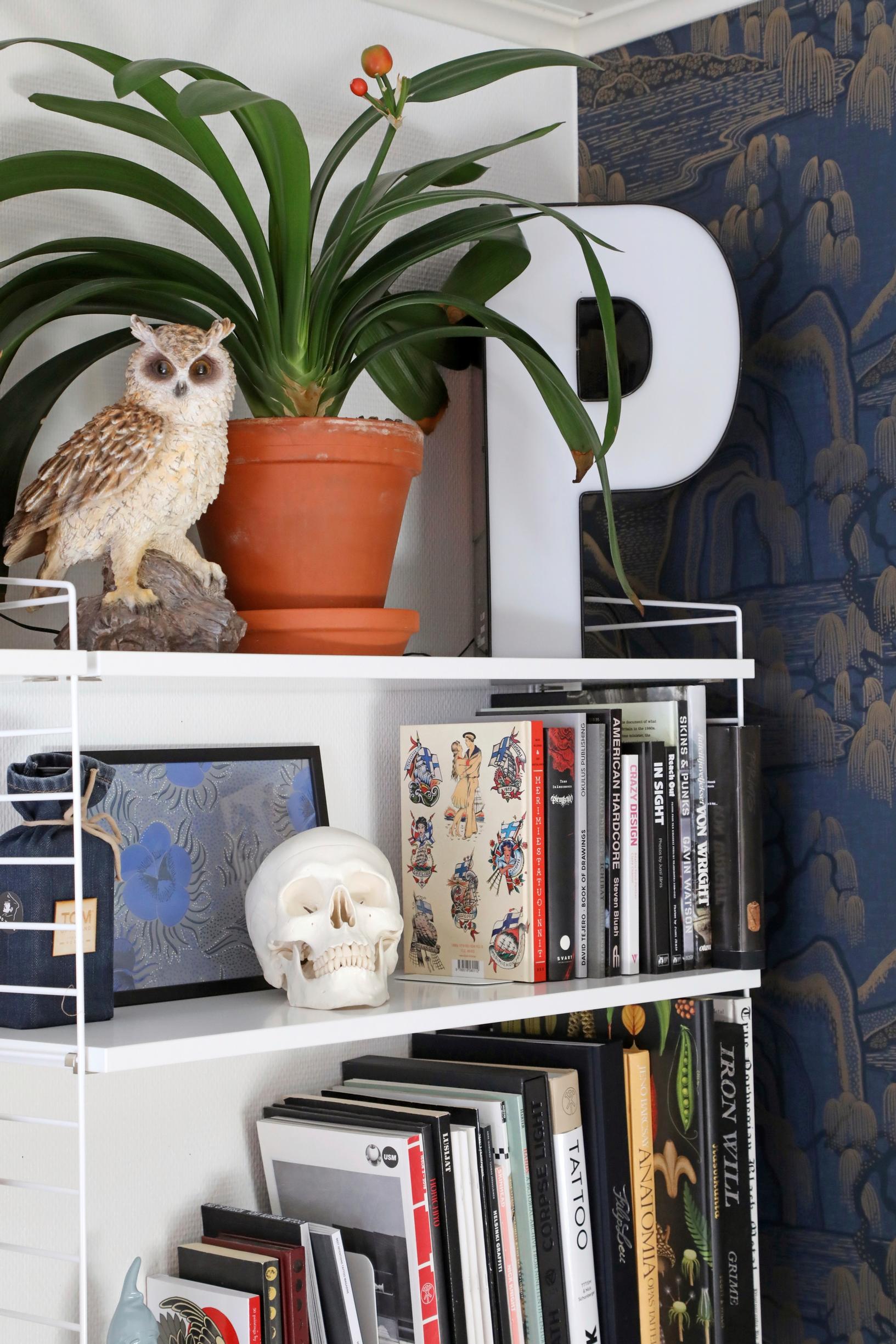Books and decorative items on a String shelf
