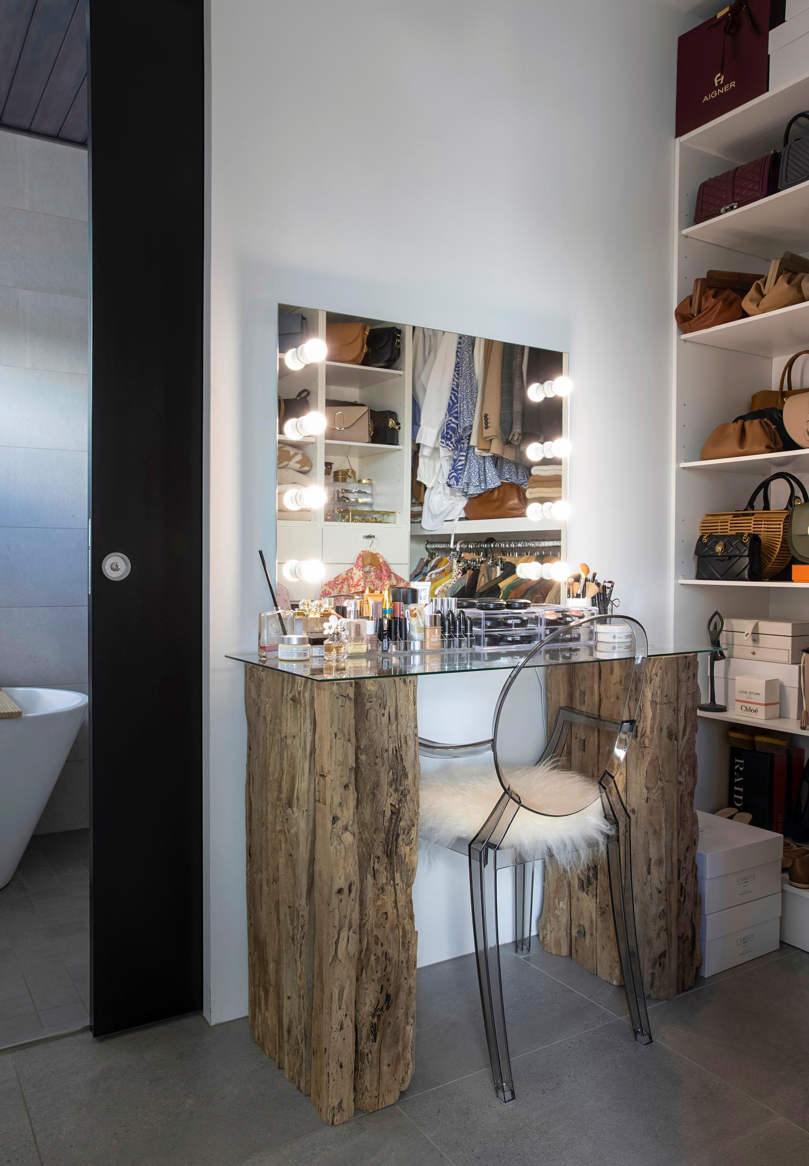 Makeup table in a walk-in closet