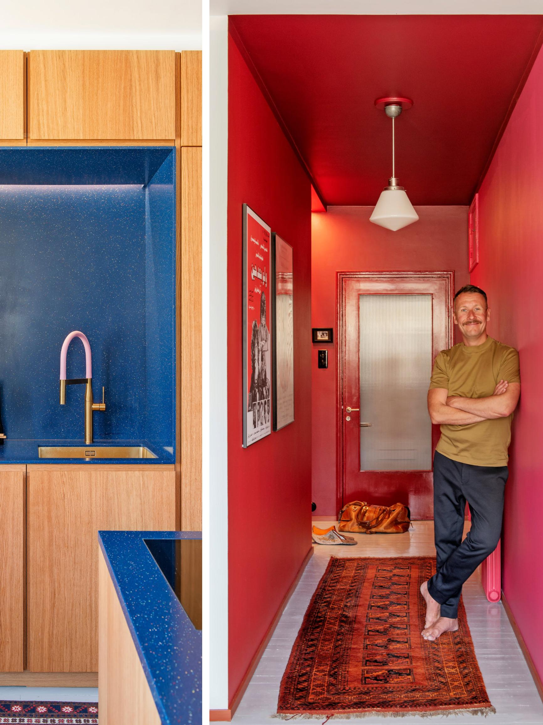 A blue dishwashing “altar” and a passionately red entryway—Mikko designed his studio home around a custom-built kitchen
