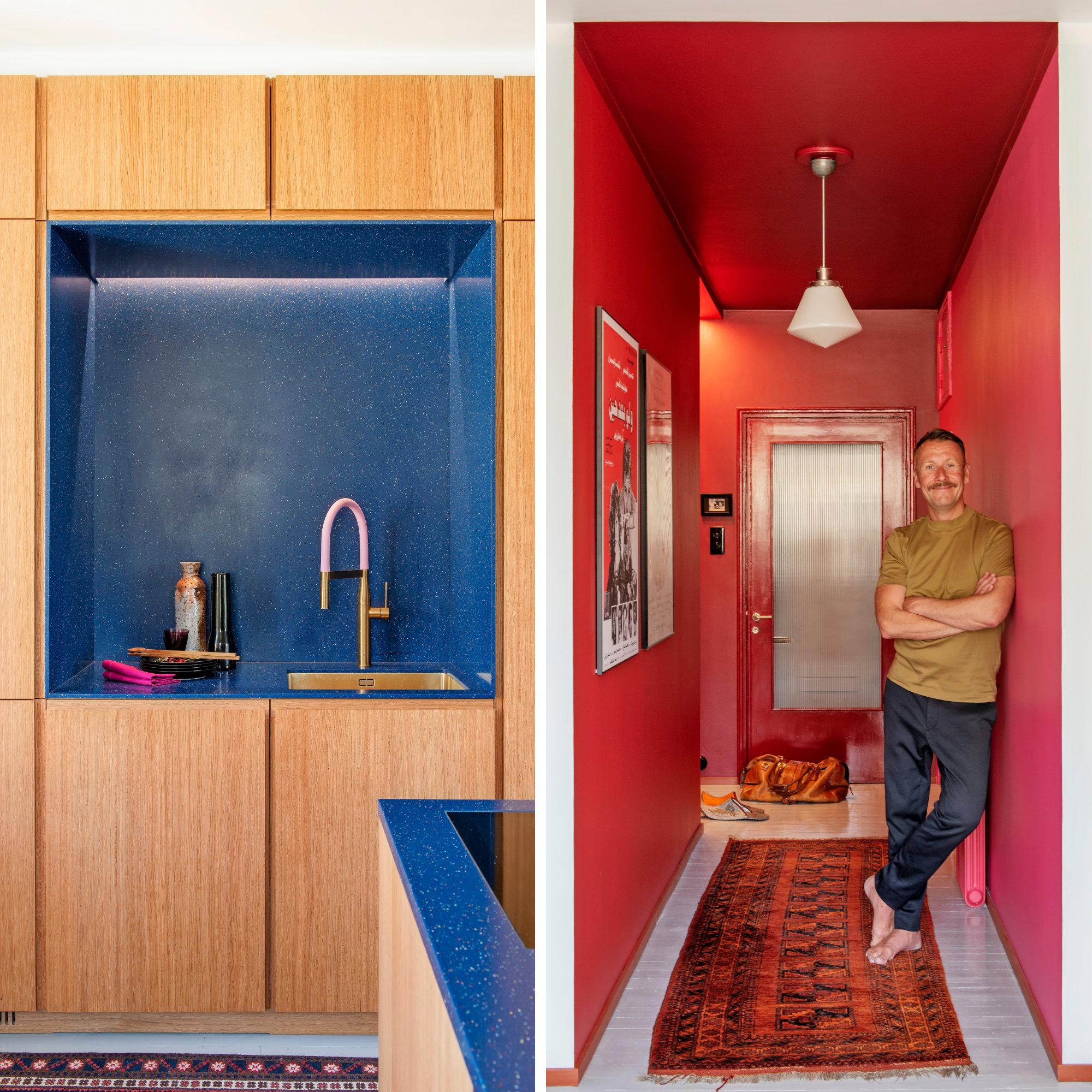 A blue dishwashing “altar” and a passionately red entryway—Mikko designed his studio home around a custom-built kitchen