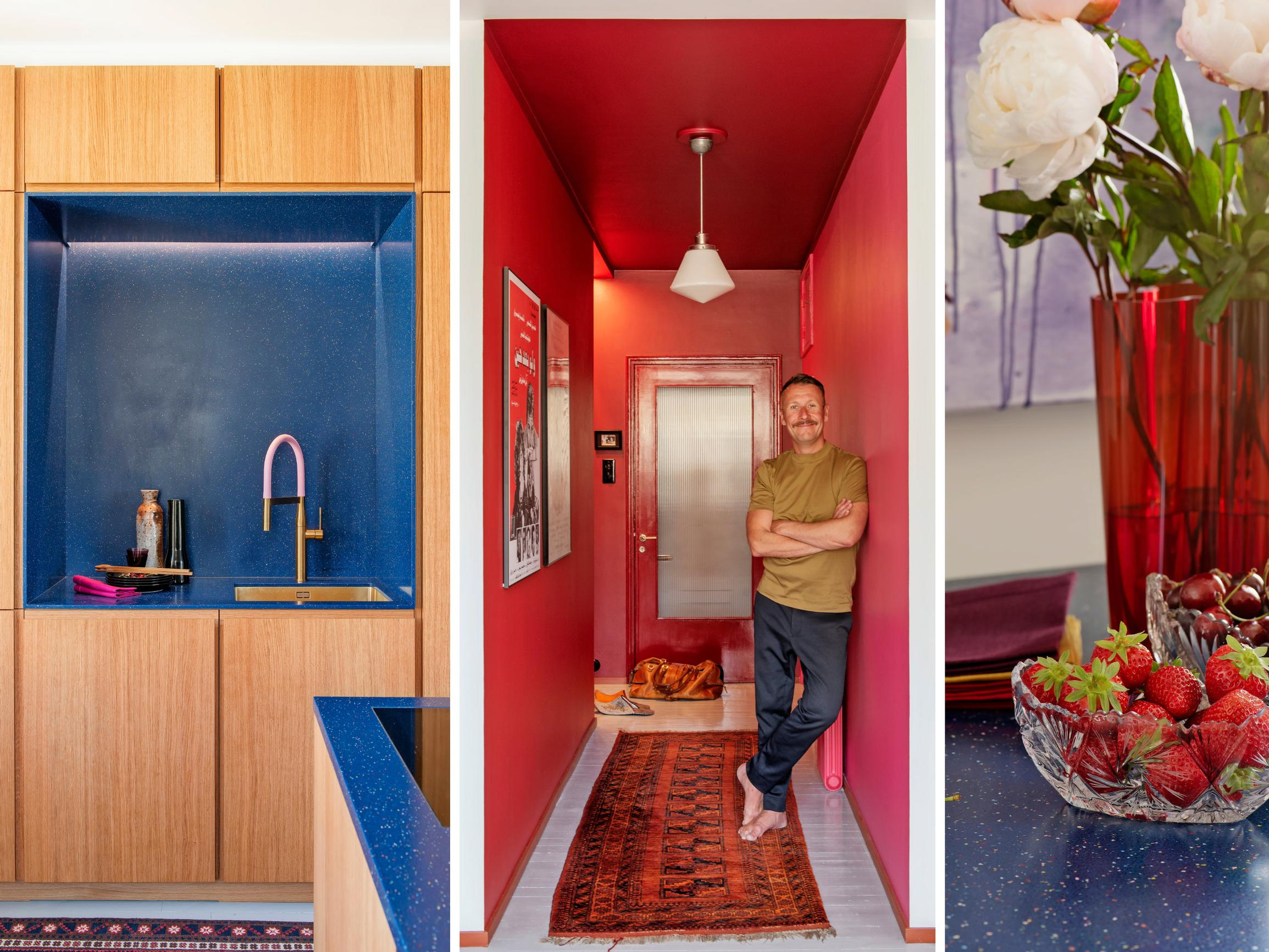 A blue dishwashing “altar” and a passionately red entryway—Mikko designed his studio home around a custom-built kitchen