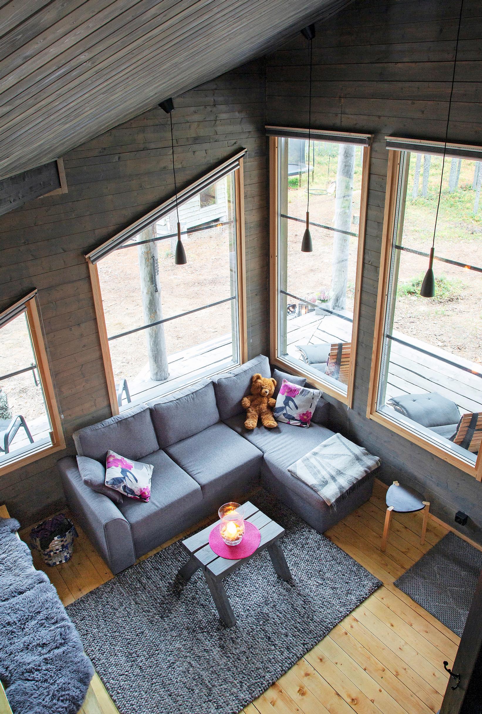 View from the cabin’s loft to the bright living room