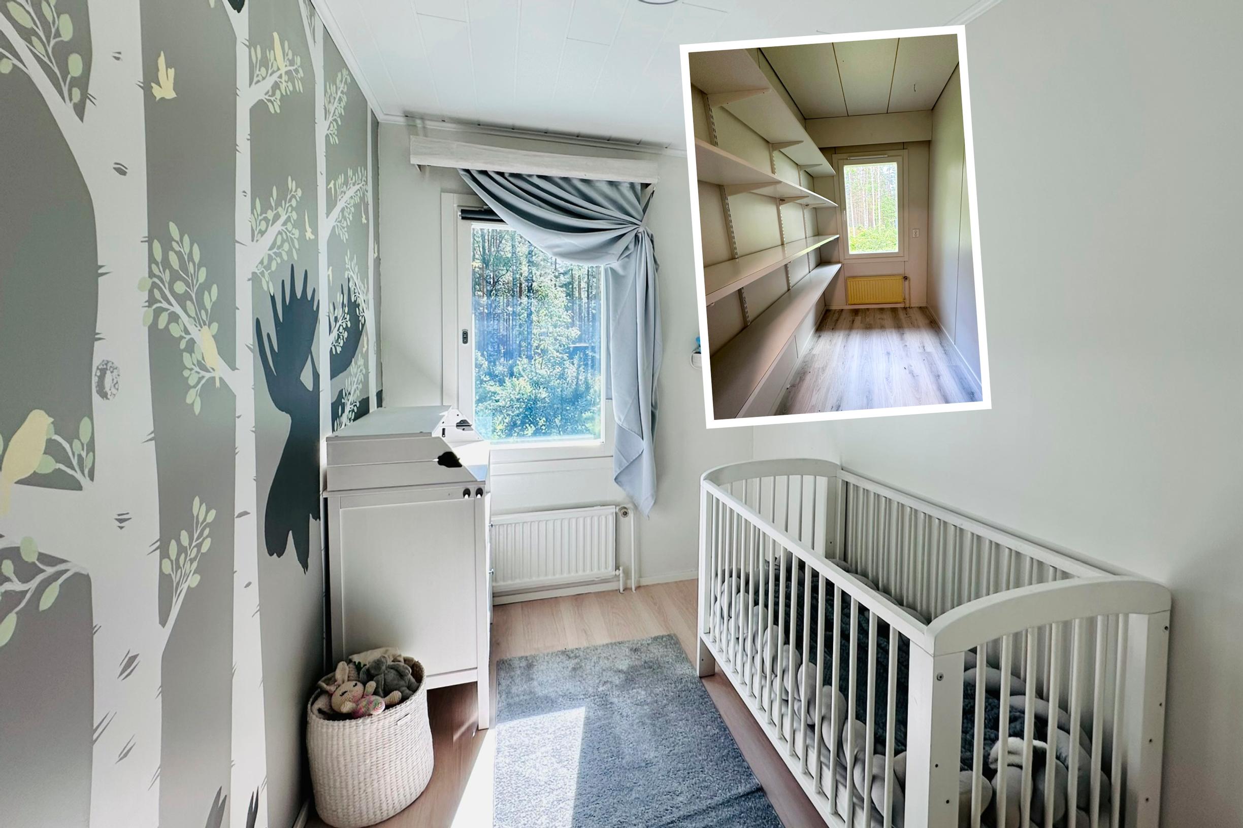 A narrow children’s room with a painted wall and a bed.