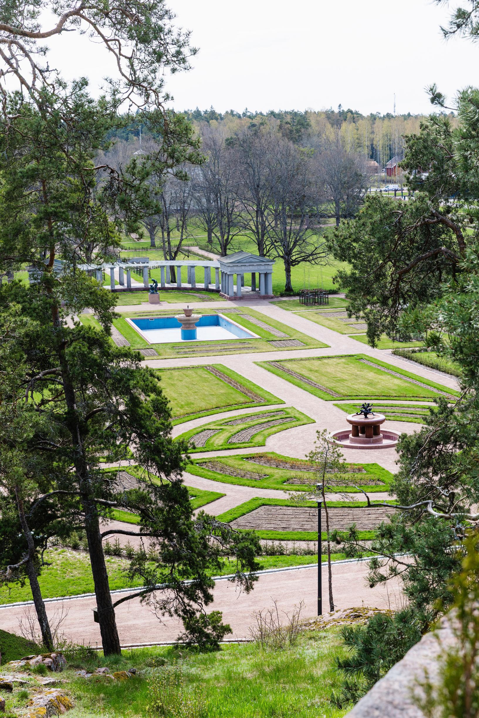 A view from the terrace down to the formal garden