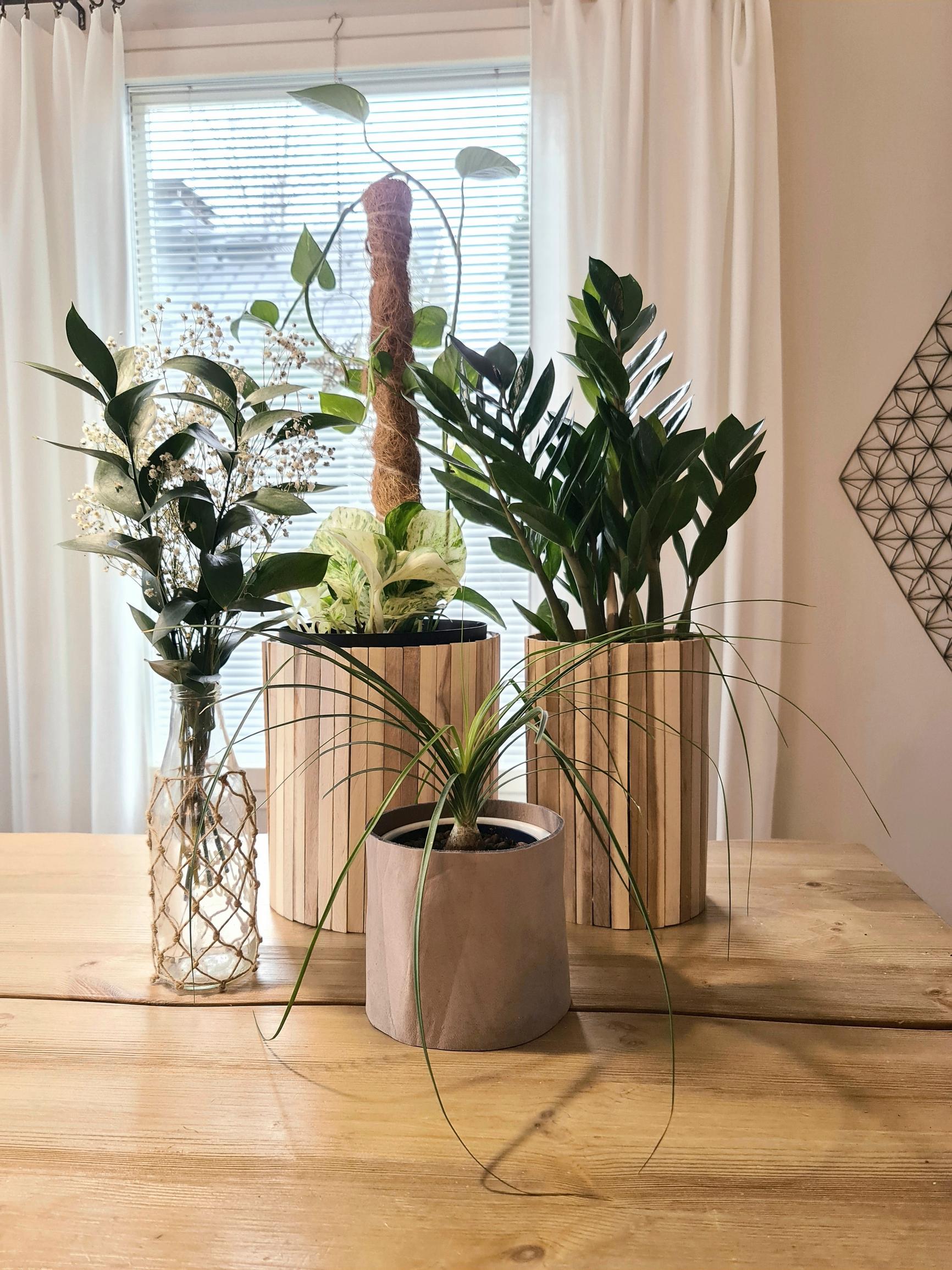 A group of three upcycled planters and a vase on the table.
