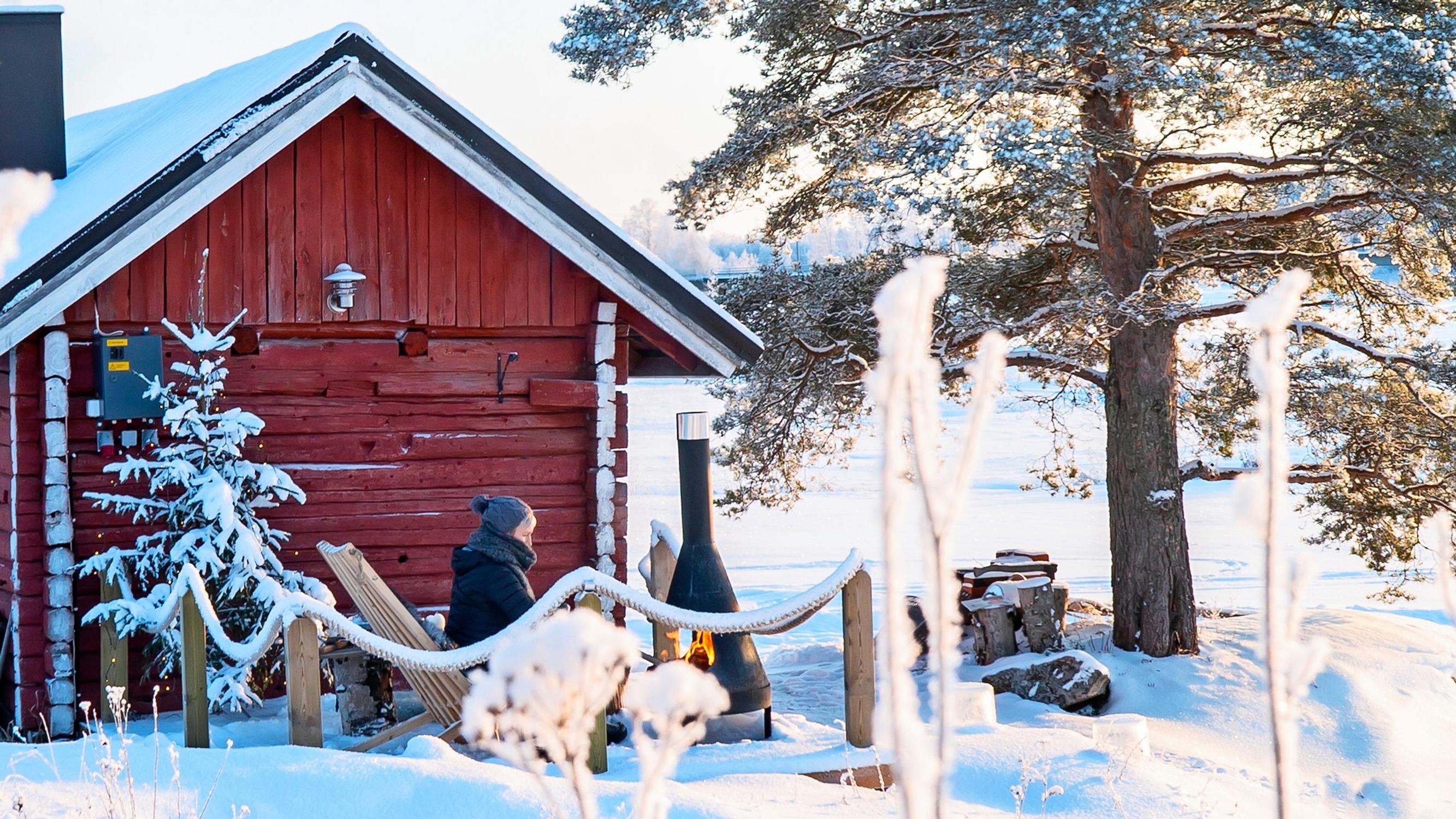 Gentle steams on a freezing day—this log sauna was built from an old sheep house