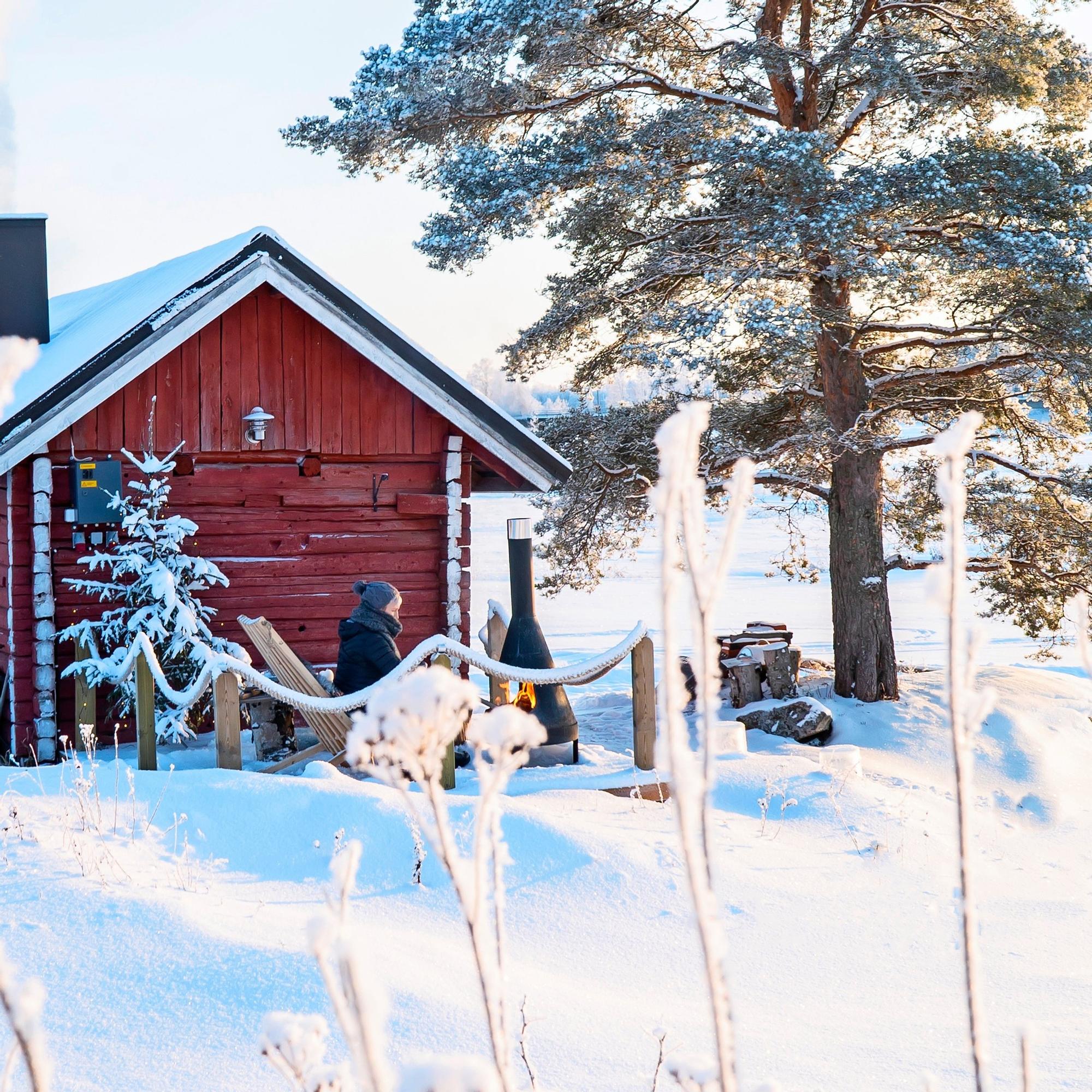 Gentle steams on a freezing day—this log sauna was built from an old sheep house