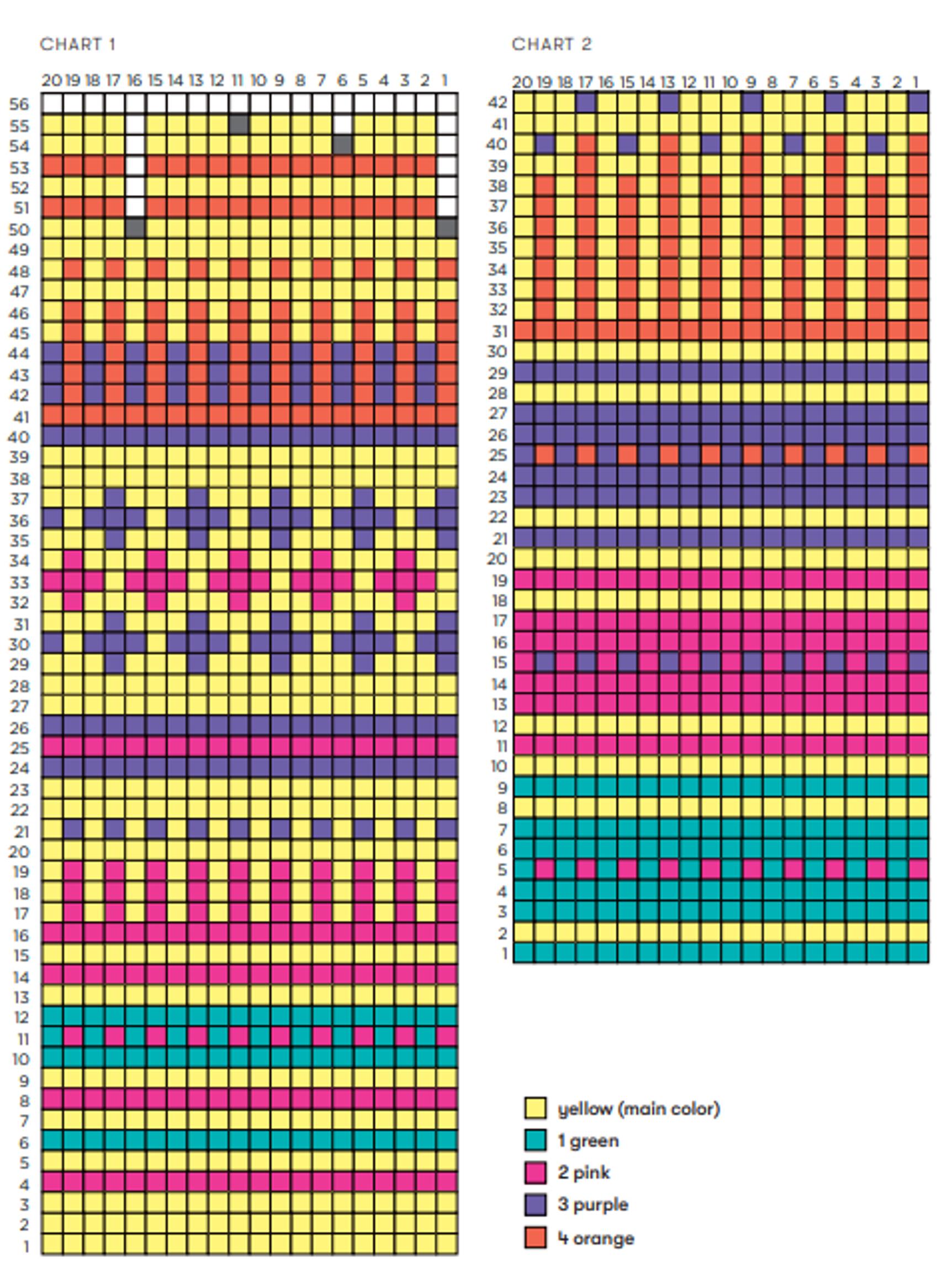 Colorful long-legged socks pattern: Hullabaloo chart 1 and 2