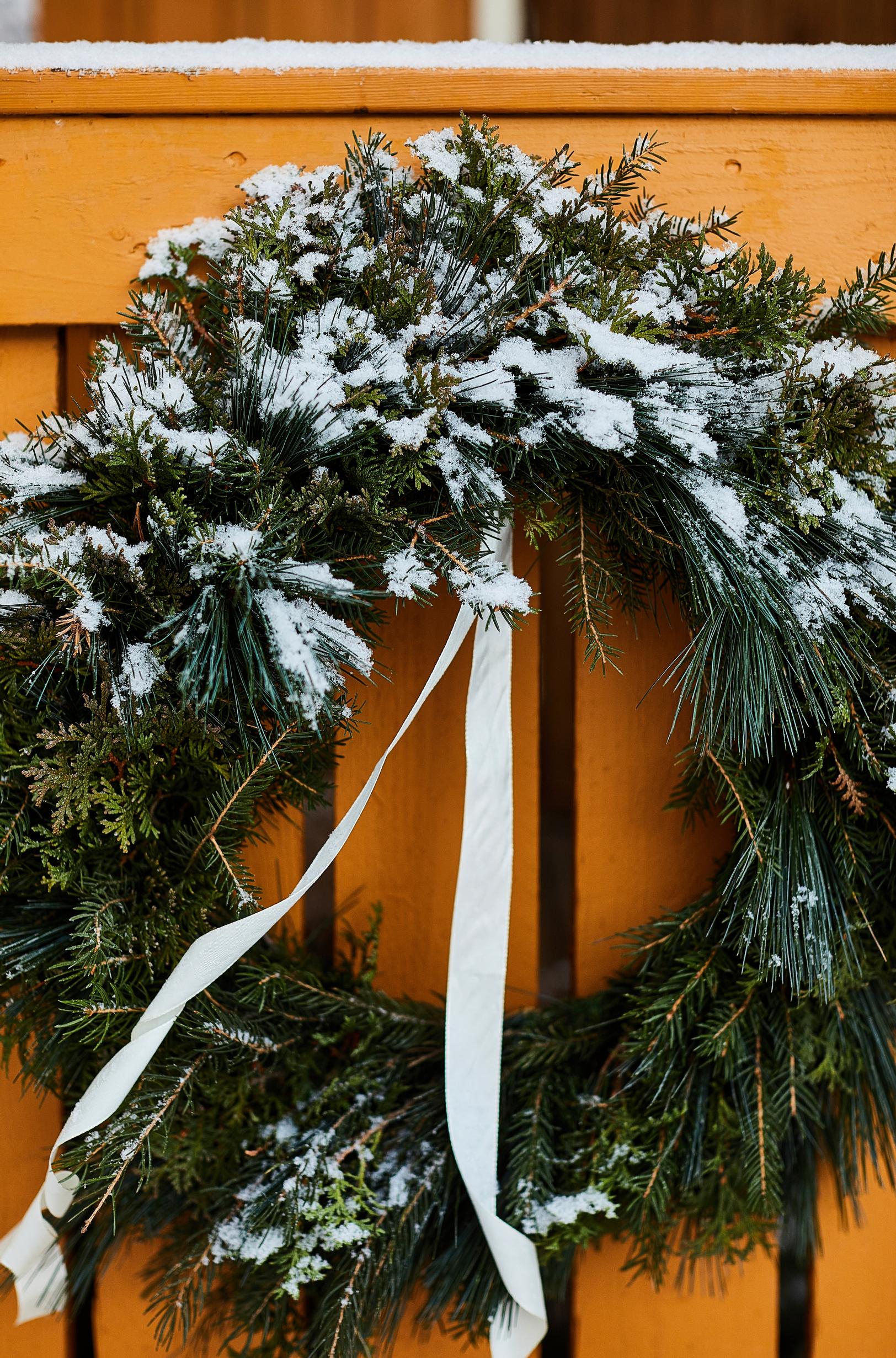 An evergreen wreath attached to a yellow wall with white ribbons