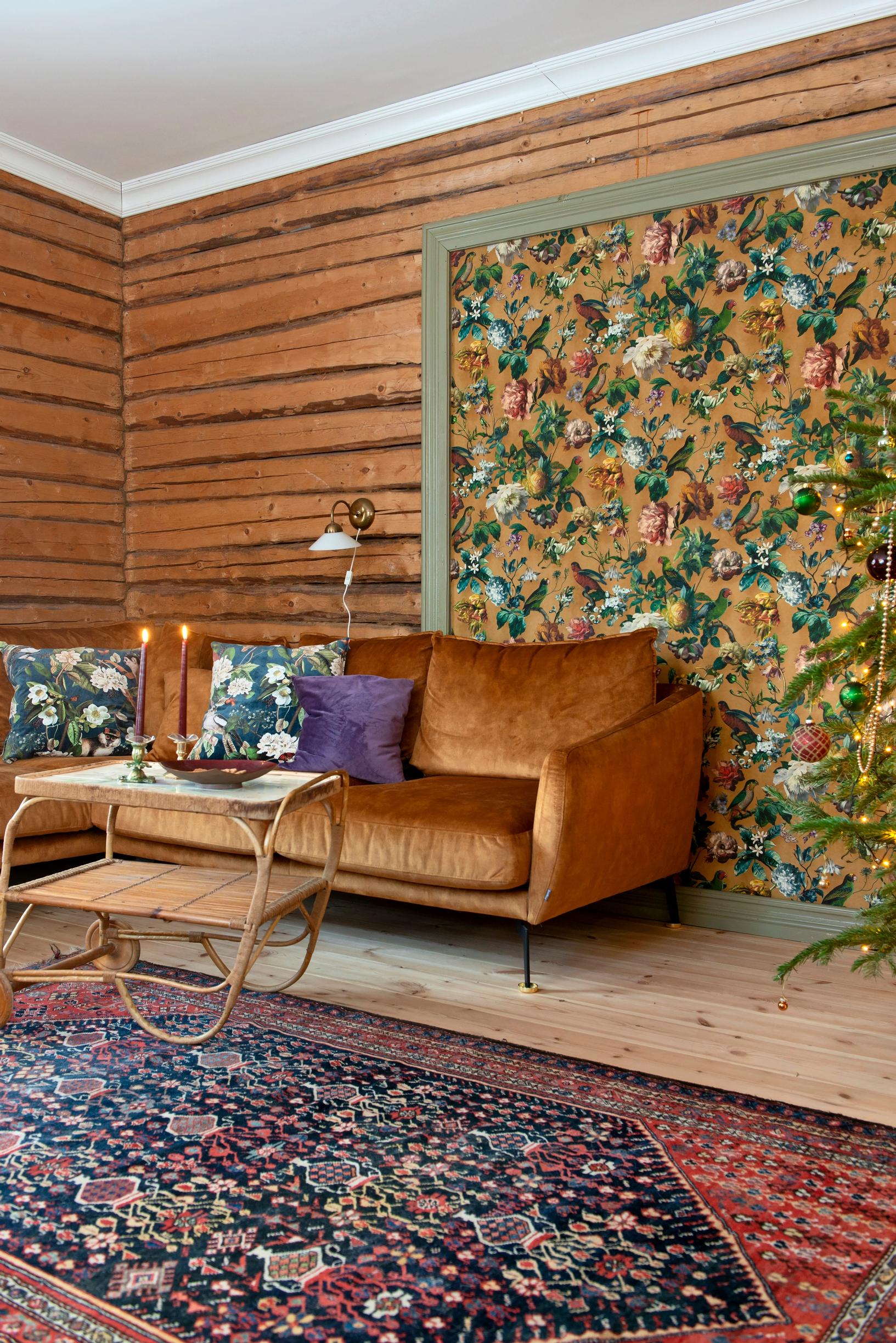 Log wall and living room.