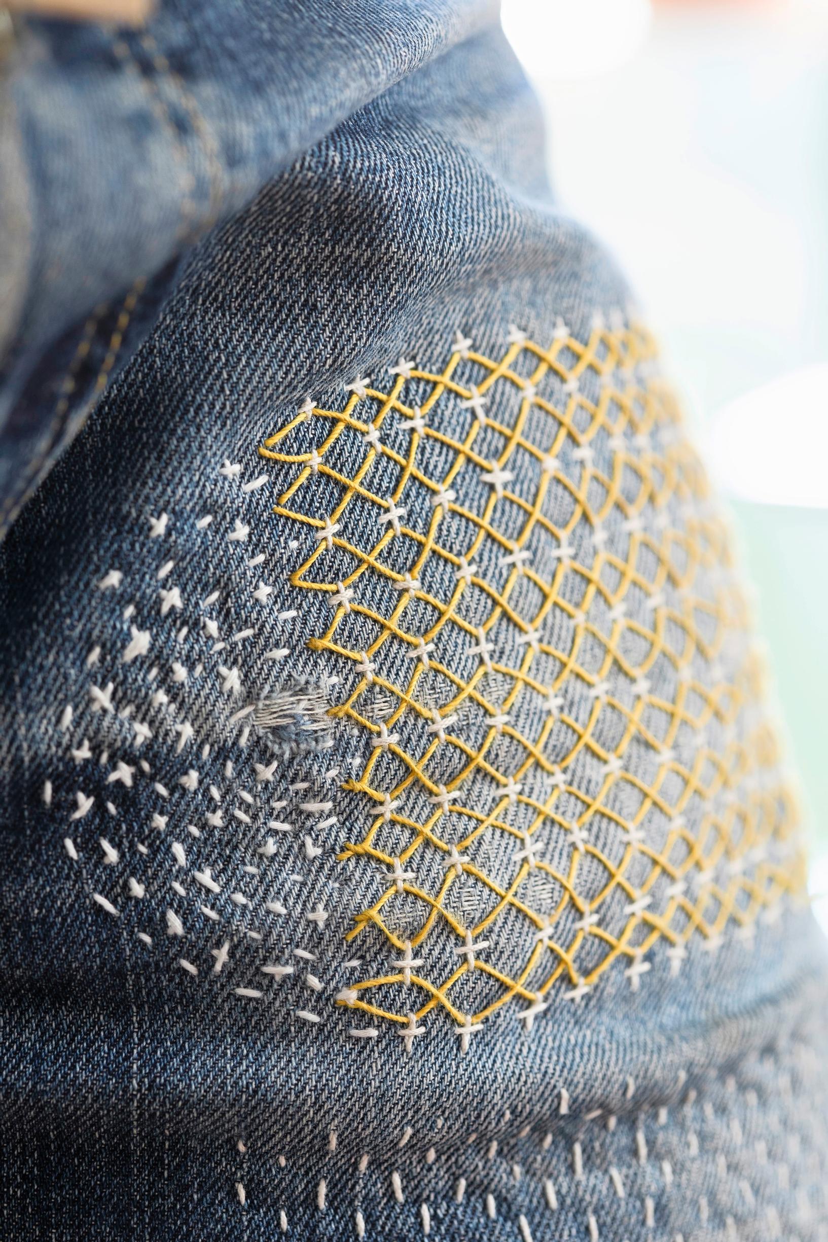 Sashiko embroidery on jeans