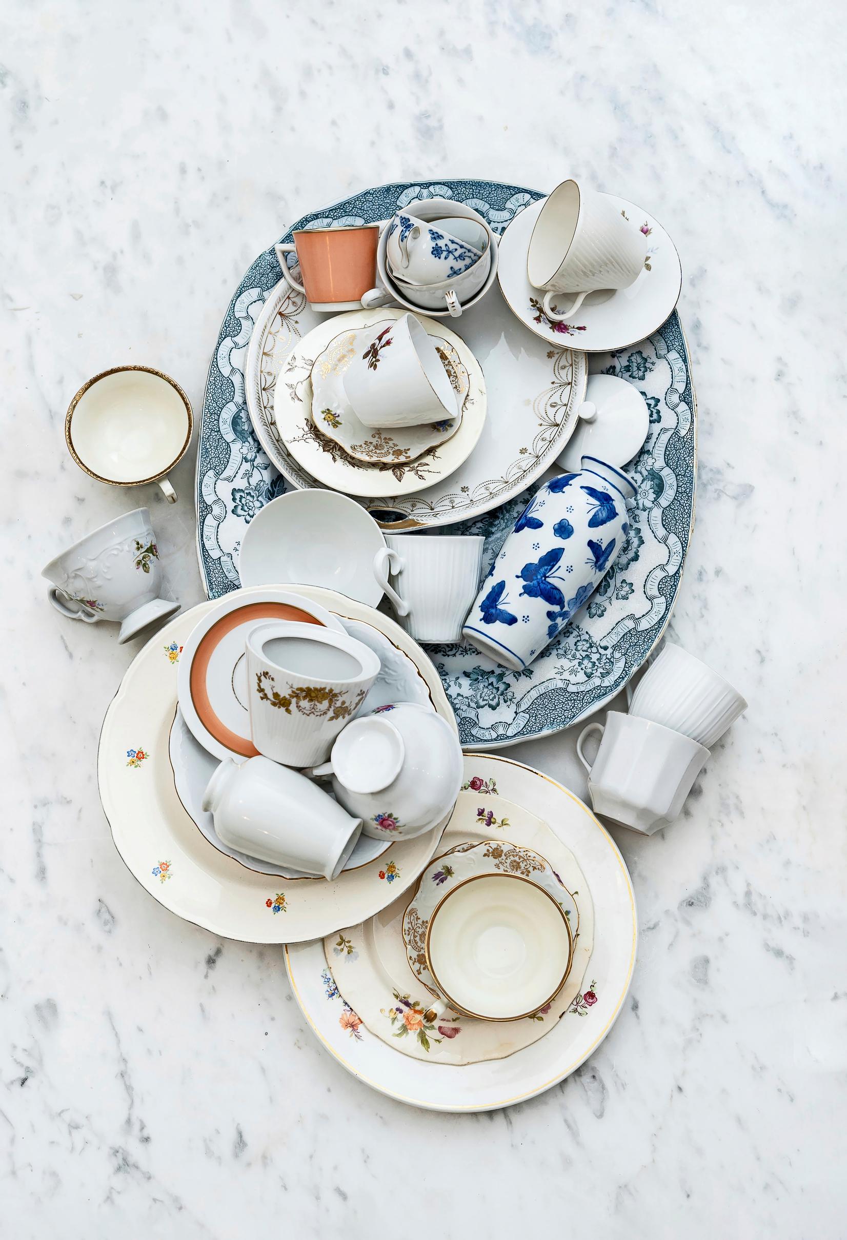 Photo of old mismatched dishes.